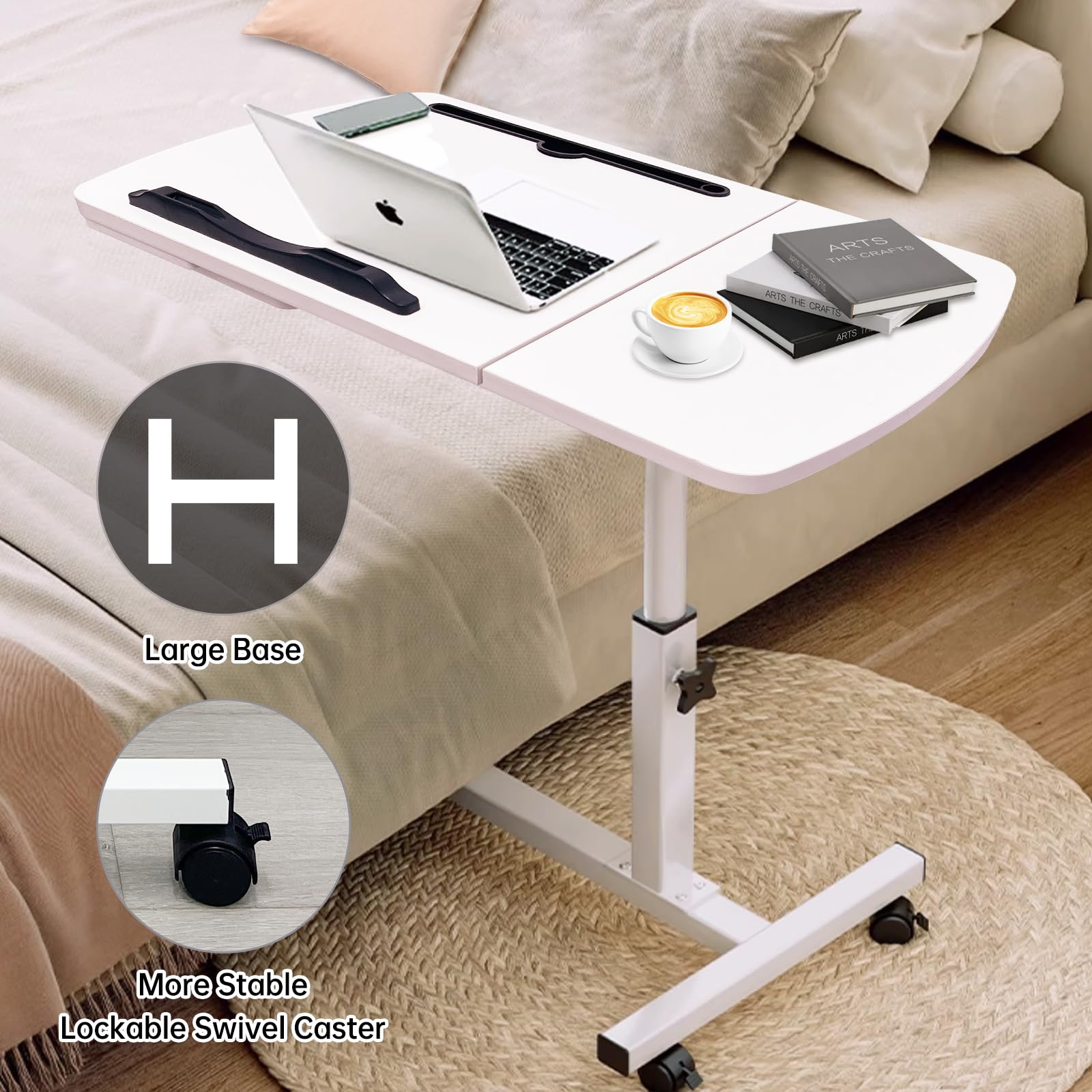 DOKKOME Medical Adjustable Overbed Bedside Table with Wheels, Mobile Standing Desk Laptop Computer Cart with Phone Holder and Drawer for Hospital and Home Use (White)