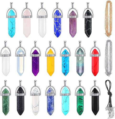 20 collares de cristal incluye 20 piezas hexagonales puntiagudas de chakras forma de bala cristal de cuarzo piedra hexagonal natural colgante de