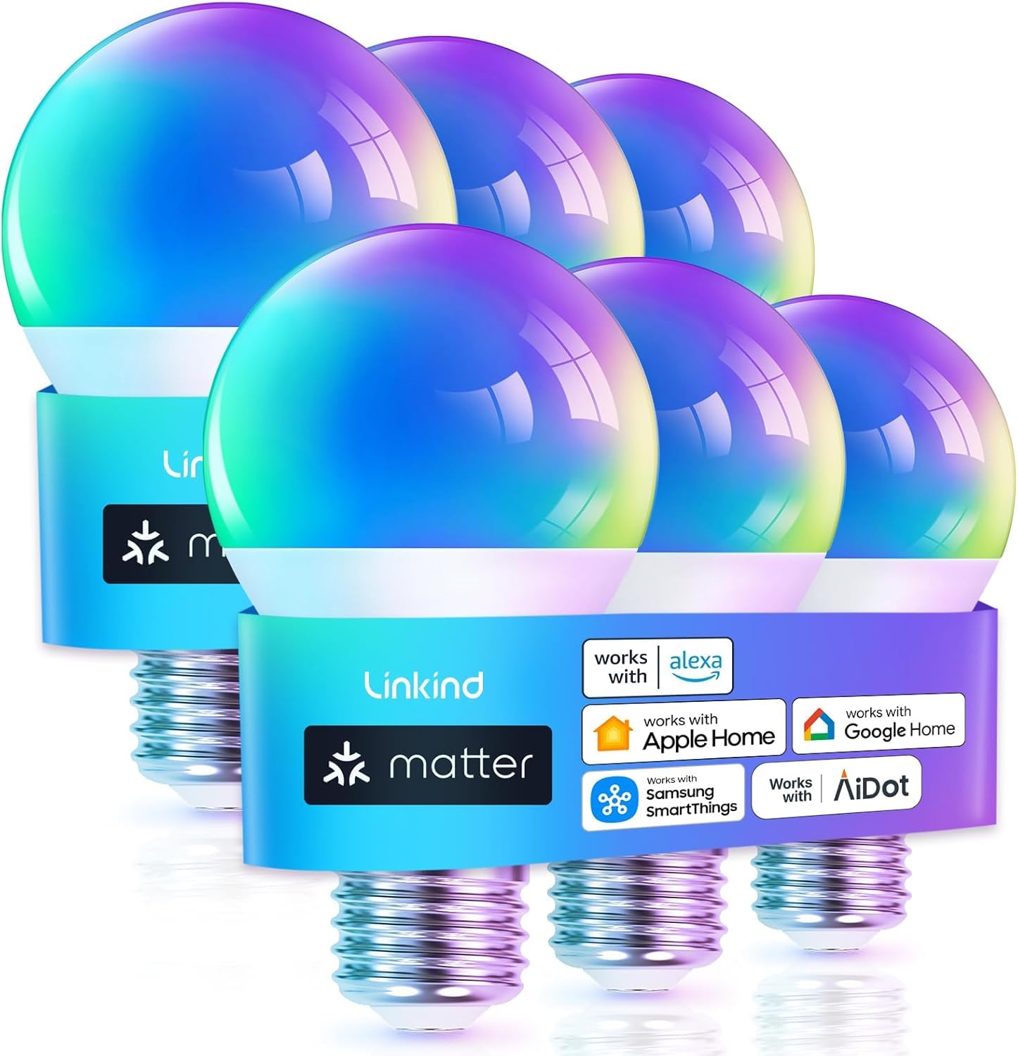 Linkind Lampadina LED collegata Wi-Fi RGBTW E27, Matter compatibile con Alexa/Siri/Google Home/SmartThings, 1800-6500K, Multicolore, sincronizzazione musicale, 800 lm, sostituisce 60 W, confezione da