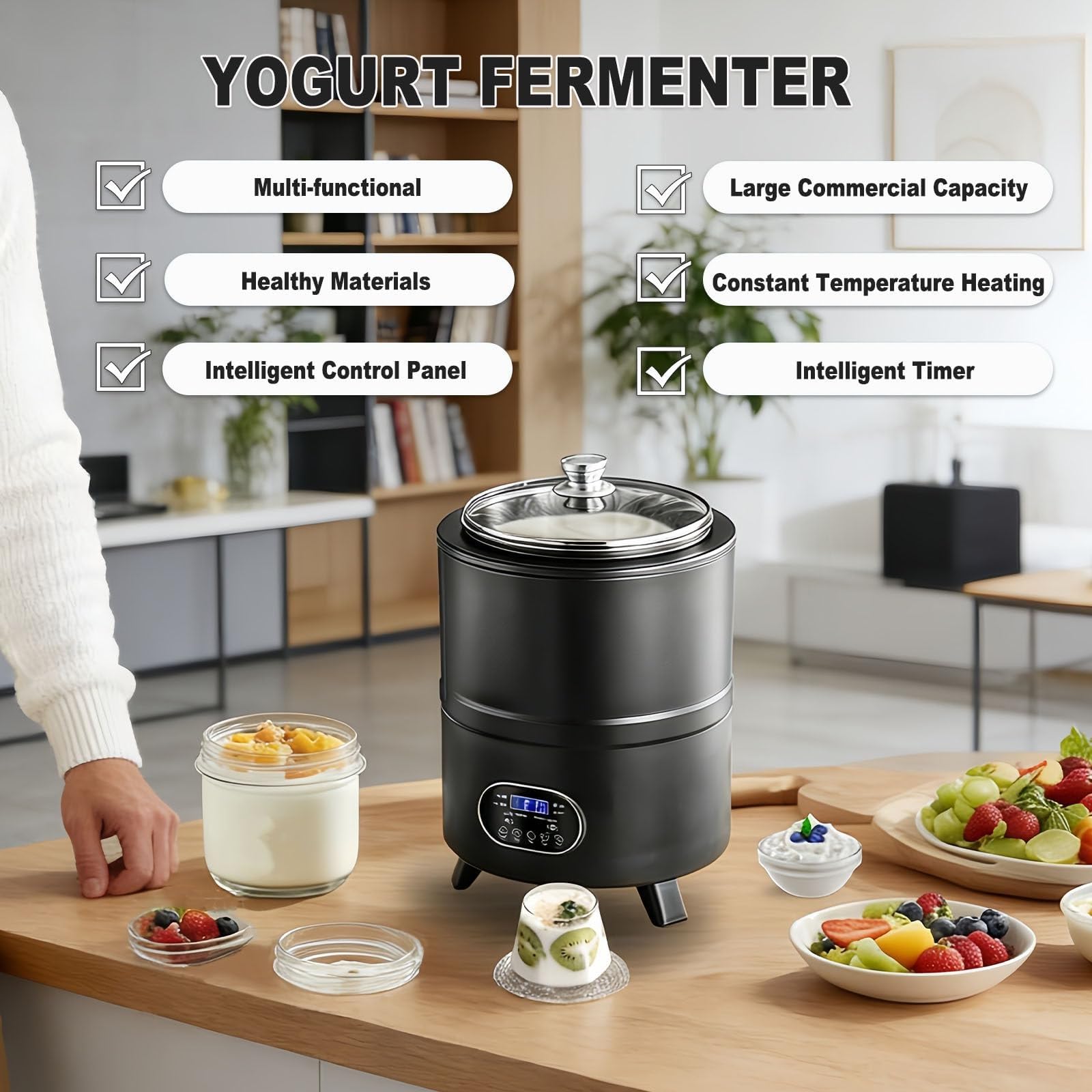 Yogurt Maker Con Display LCD 8L/12L – Riscaldamento 360°, Timer Digitale, Temperatura Regolabile, Design Smontabile, Potenza 400W/600W, Per Yogurt Bianco, Magro, Greco(White,12L)