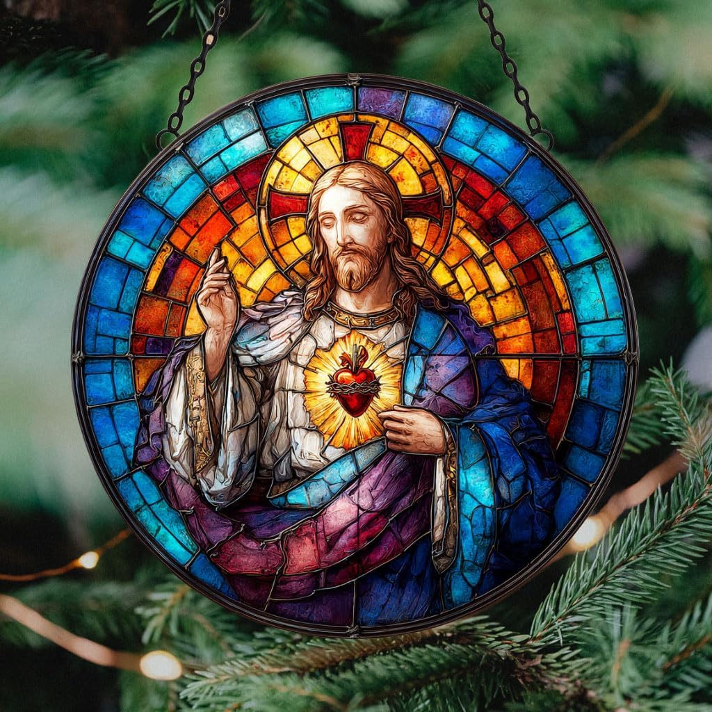 Jesus Heart of Sacred Suncatcher Stained Glass Mosaic Window Car Hanging Christmas Ornament Indoor Outdoor Decor Garden Memorial Sun Catcher for Family Christmas Jesus Gift for Women Mom Grandma