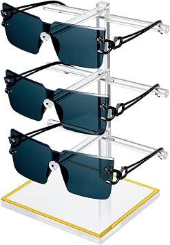 3-Tier Acrylic Sunglasses Display Stand, Gold Trimmed Eyeglasses Stands, Luxury Clear Vertical Glasses Holder for 3 Pairs Frames, Dresser Office Countertop Retail Boutique Counter Display