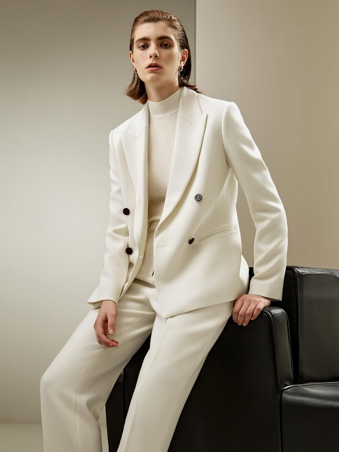 LilySilk Womens Silk Wool Blend Blazer Ladies Classic Style Suit Jacket White Double Breasted Long Sleeve Casual Coat Outfit