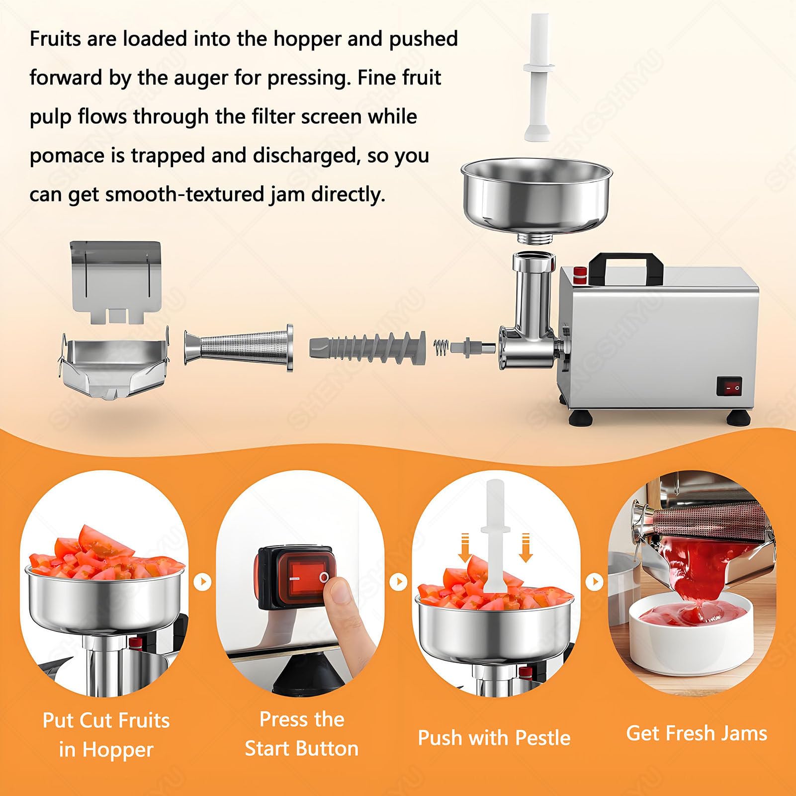 Passapomodoro Elettrico, Pressa Commerciale per Passapomodoro Da 450w | Resa 20‑60kg/H, Pressa per Frutta, Spremipomodoro, Salsa per Fragole, Filtro per Separare Sansa e Polpa di Frutta