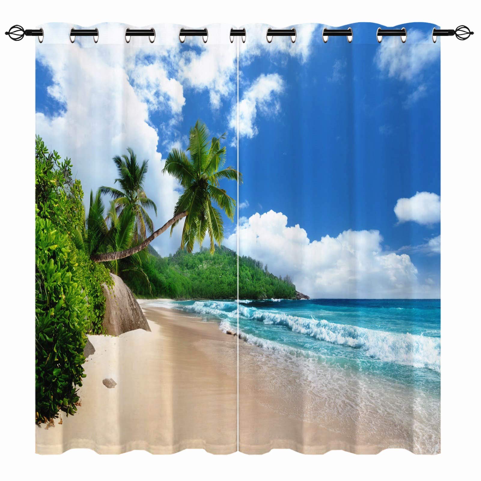 YUANZU Beach Curtain - Tropical Coastal Hawaiian Island Palm Tree Ocean Waves Scene Print Pattern Eyelet Blackout Thermal Room Darkening Window Drapes for Bedroom Living Room 2 Panels W229cm x D183cm