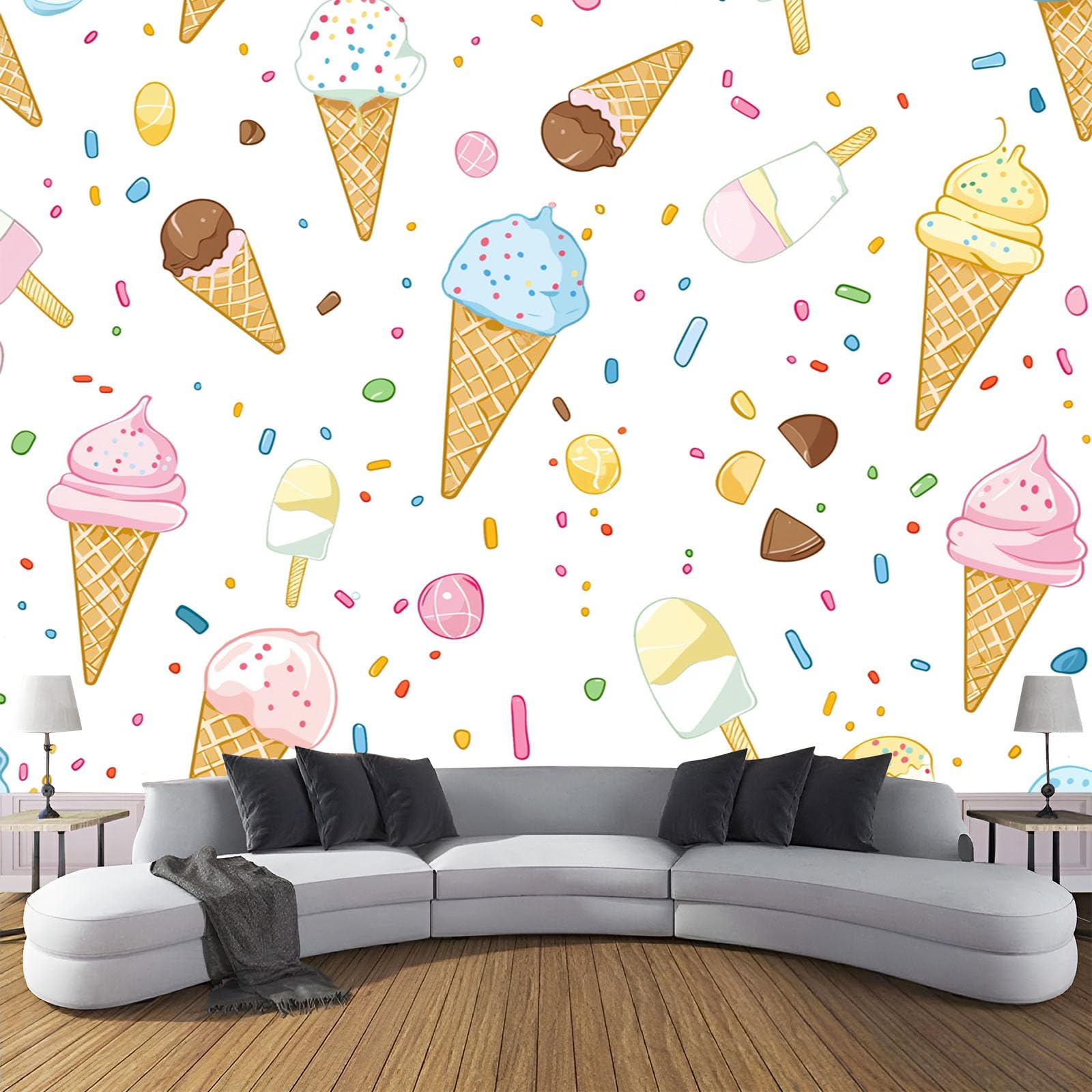 Carta Da Parati Cono Gelato, Stile Cartone Animato Carinomurale, 350×256Cm Ristorante Soggiorno Tv Parete Camera Letto Decorazione Della Parete Murali, Bianco