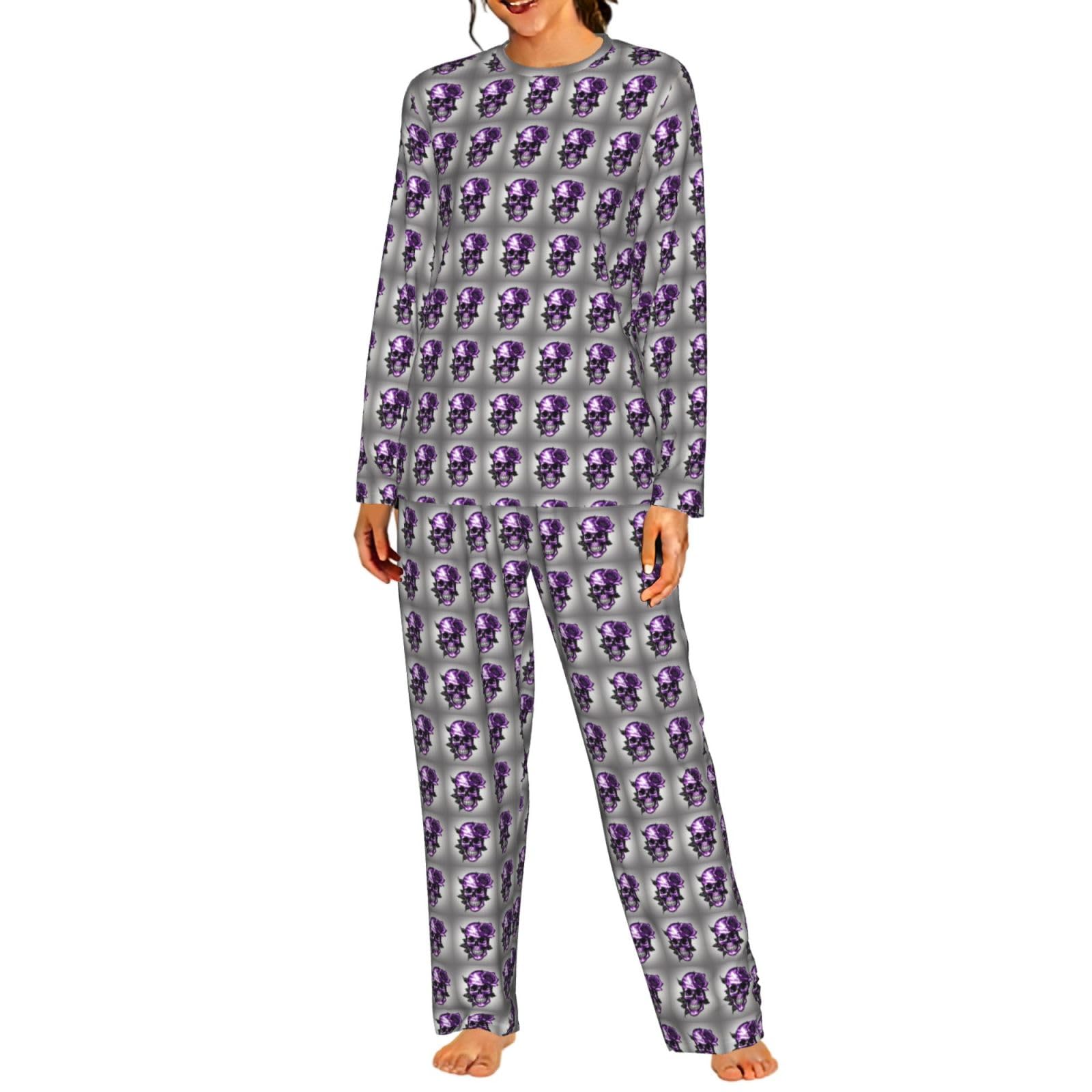 Viola Rosa E Cranio Stampa Delle Donne Manica Lunga Pigiama Abbinamento Quotidiano Confortevole Loungewear Abiti Da Notte