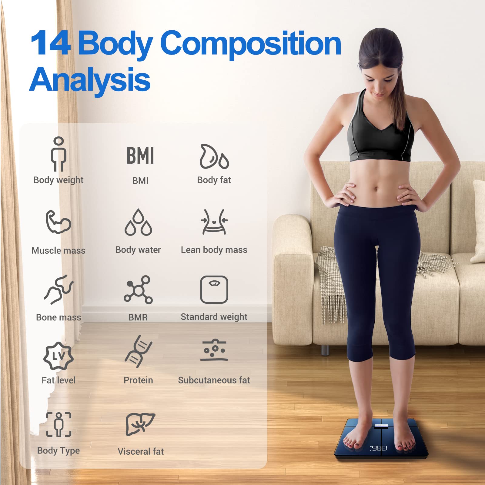 Anyloop Smart Scale for Body Weight and Fat Percentage, Digital Bathroom Scales for Weight, Accurate Weighing Scale for BMI Muscle Body Fat, 14 Body Composition Monitor, Large LED Display, 400lb