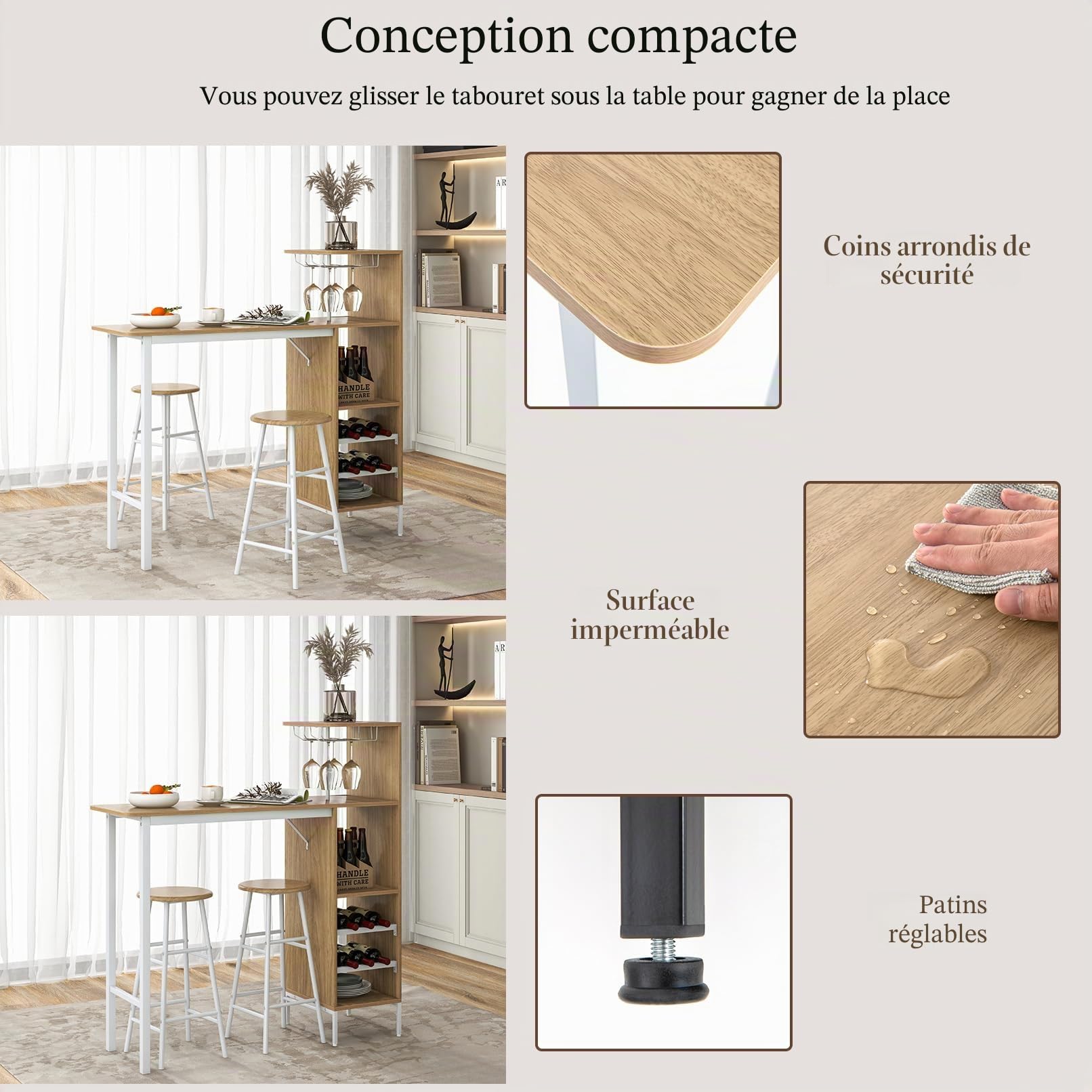 HOMASIS Ensemble de table de bar avec 2 tabourets de bar, table de salle à manger avec supports pour verres à vin et étagères pour 6 bouteilles de vin, table bistro industrielle pour cuisine, 120 x 40