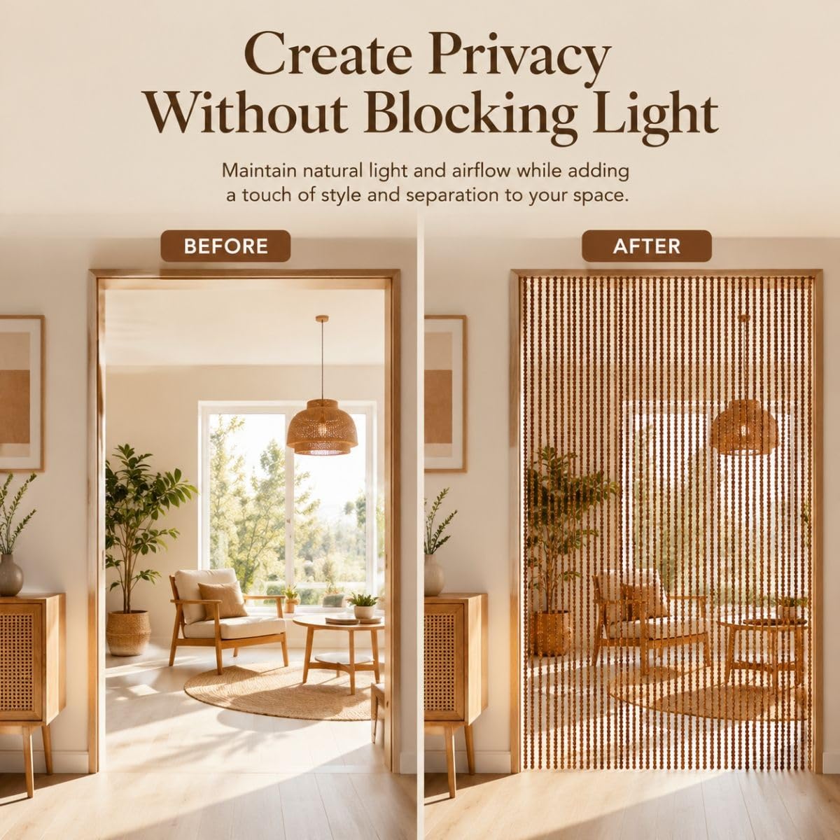 Generisch 90 Stränge Bambus Perlenvorhang Tür 90x200cm, Holz Raumteiler Vorhang Boho Sichtschutz Balkon, Fliegenvorhang Balkontür Außen Insektenschutz Terrassentür Outdoor(Teak,80x200cm)