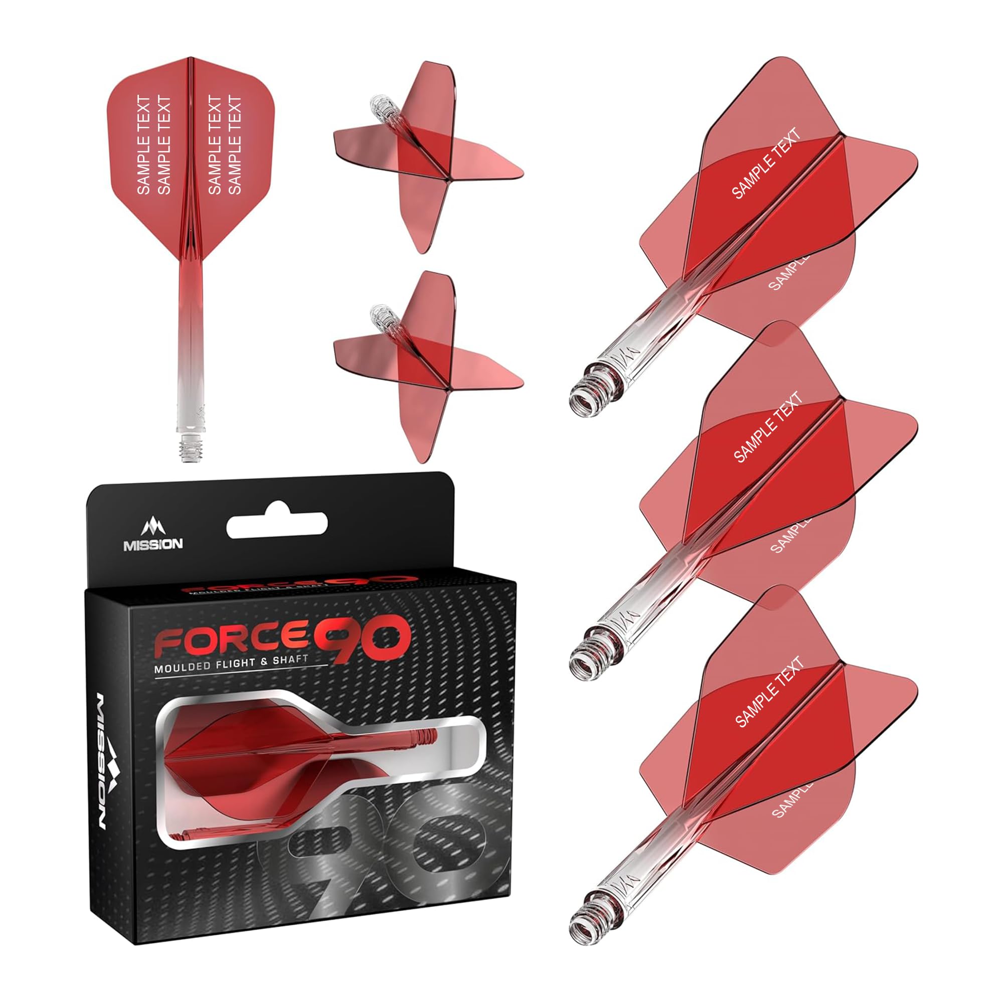 Mission Darts Force 90 | Personalised Integrated Precision Moulded Dart Flight And Shaft System, Highly Durable Combined Dart Flights And Stems | Standard No.6. (Transparent Red, Tweenie)