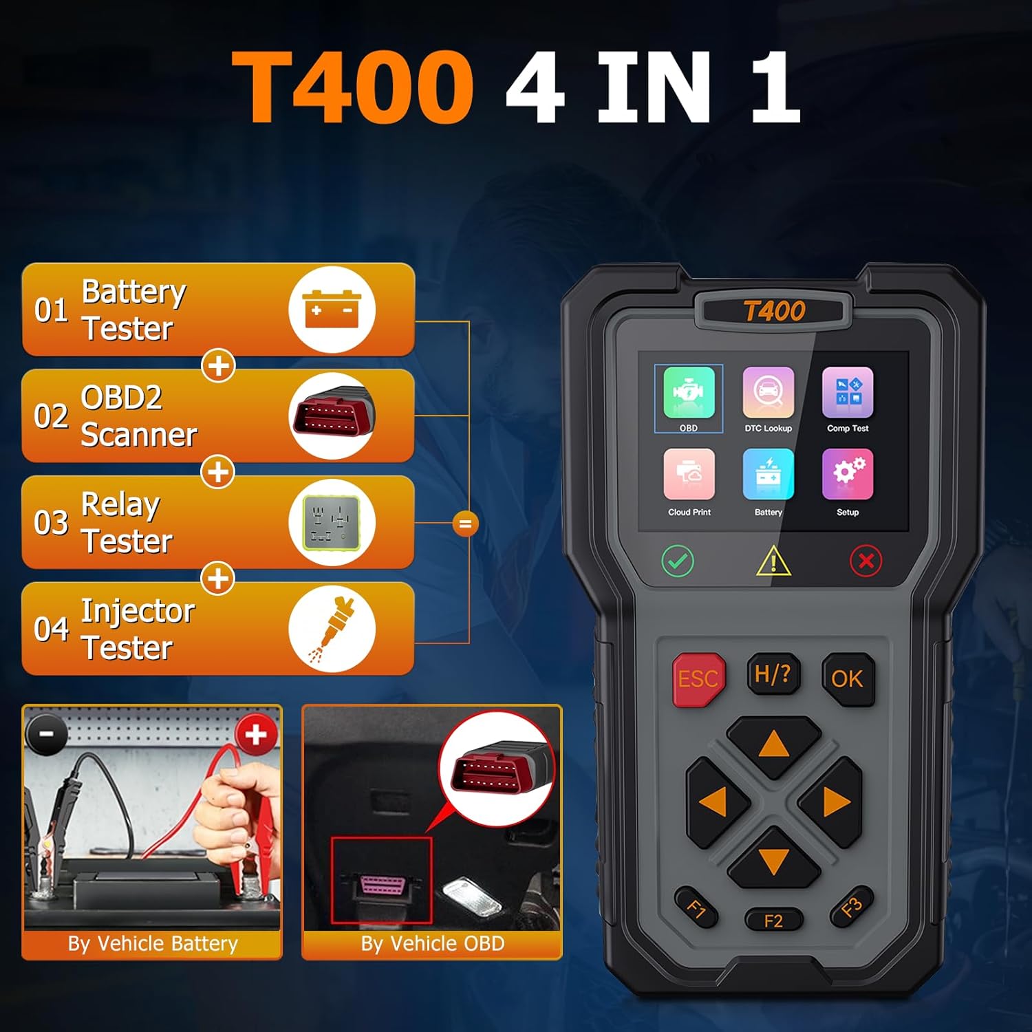 OBD2 Scanner and Battery Tester, 2-in-1 Car Diagnostic Tool, Check Engine Code Reader, 12V Battery Analyzer, Relay Tester, Fuel Injector Tester for Heavy Duty Truck, T400