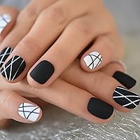 Vista 6 de EchiQ Uñas postizas redondas cortas y negras con líneas blancas y negras, diseño simple, punta de uña, arte de uñas francés, profesional