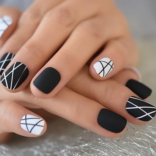 Miniatura 6 de EchiQ - Uñas postizas cortas redondas y negras, diseño simple, punta de uñas francesas profesional para estudiantes, oficina, dama