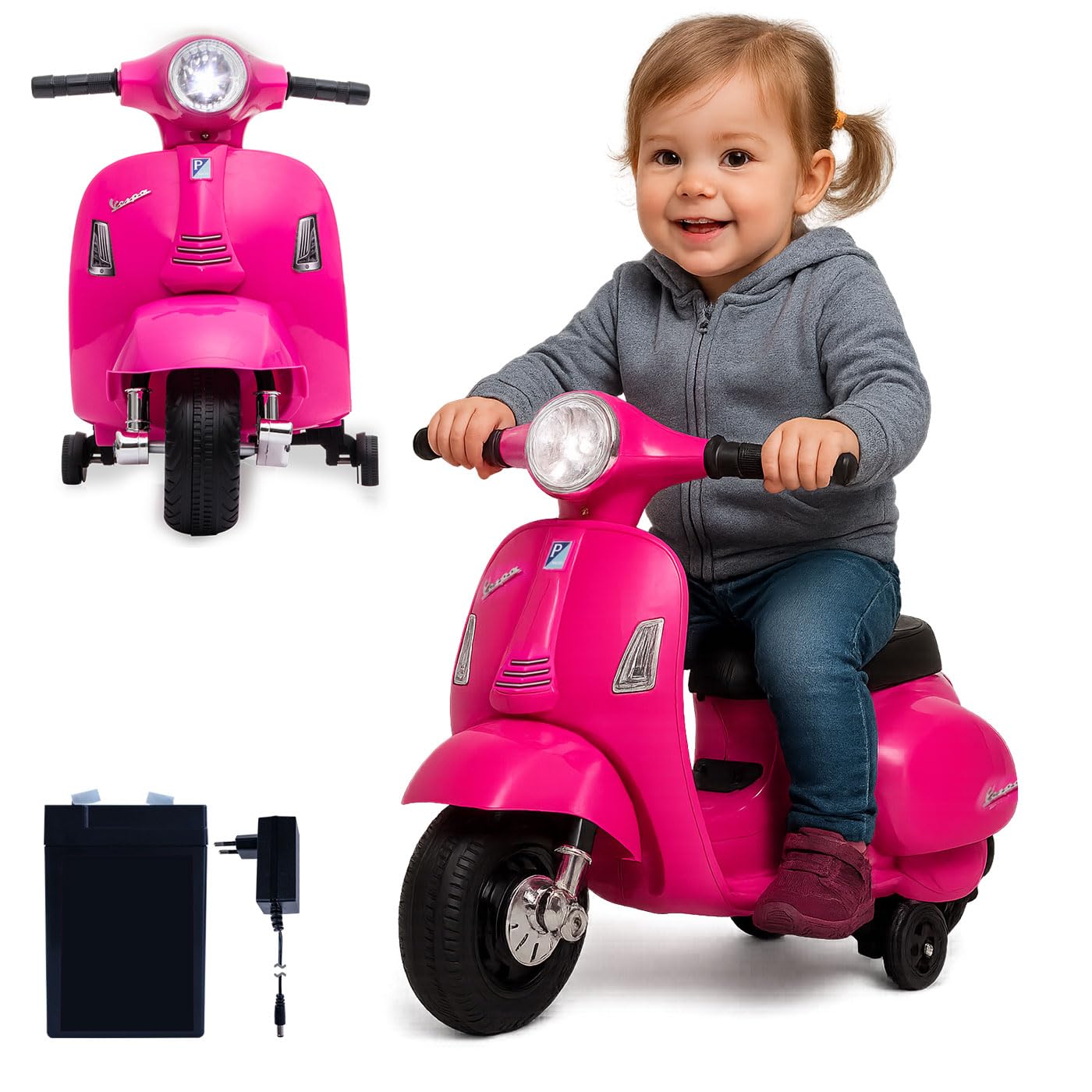 JAMARA 461858 Ride-on Vespa Mini Li-Power 8.4 - Elektroauto Vespa für Kinder ab 18 Monate, Elektro Auto Car, Elektrisch Fahren Kids, Stützräder, Gaspedal, Geschenkidee für Kinder