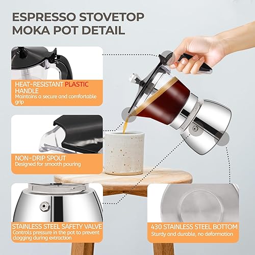 Miniatura 4 de Olla de plástico transparente para 6 tazas, 10.1 fl oz, cafetera de acero inoxidable sin recubrimiento, cafetera espresso italiana, estilo clásico,
