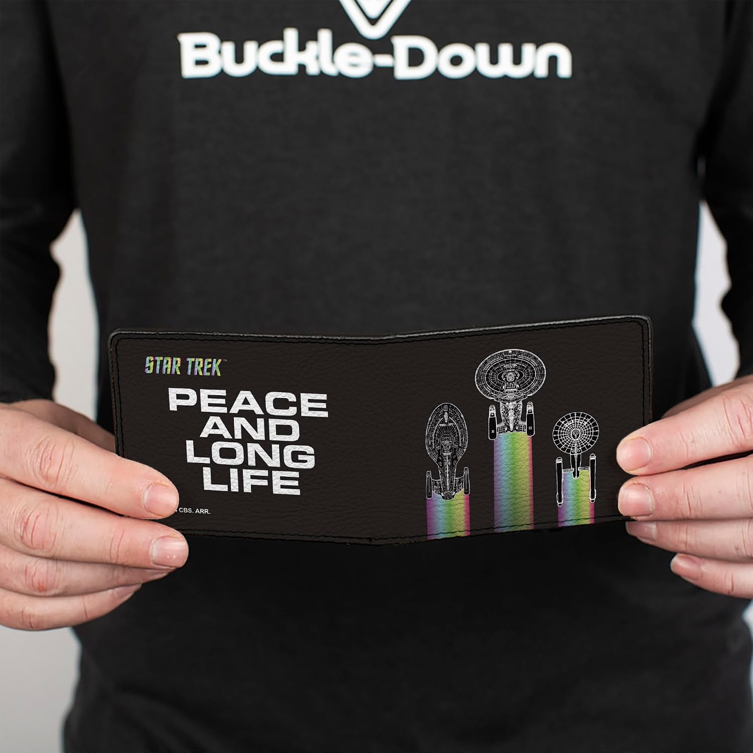 Buckle-Down Paramount Network Wallet, Bifold, Star Trek Peace and Long Life Starfleet Ships Black, Vegan Leather