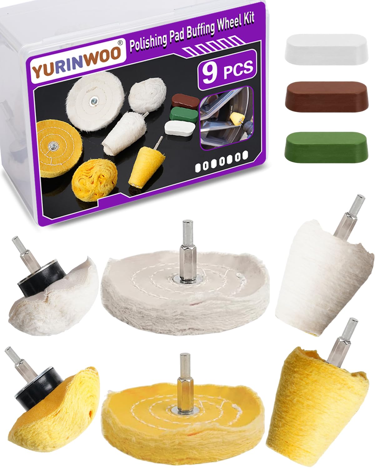 9PCS Buffing Wheel Kit with 3 Polishing Compound, for Metal, Steel, Chrome