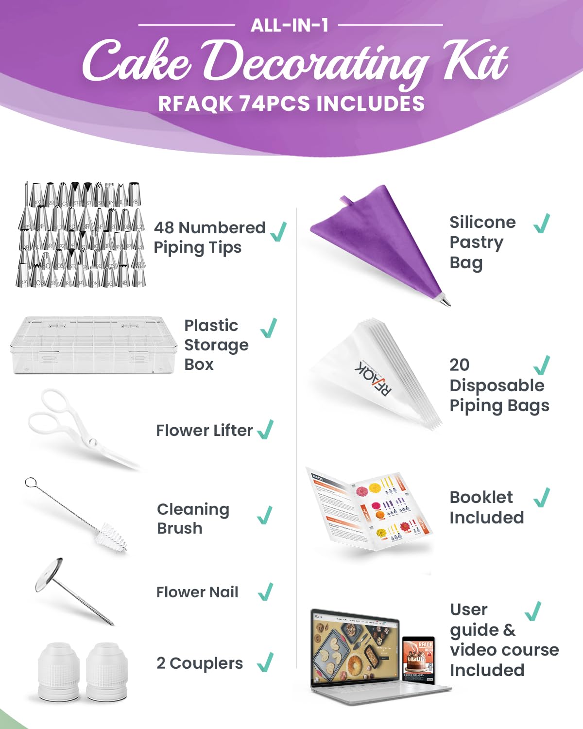 RFAQK Lot de 74 poches à douille et embouts pour débutants pour décorer un