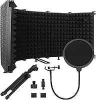 Vista 8 de Escudo de aislamiento de micrófono de estudio, con filtro pop y soporte de micrófono de escritorio de metal, 5 pliegues, plegable, protector