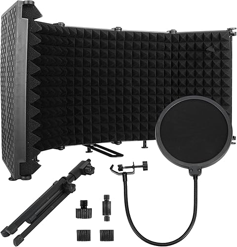 Miniatura 8 de Escudo de aislamiento de micrófono de estudio, con filtro pop y soporte de micrófono de escritorio de metal, 5 pliegues, plegable, protector de