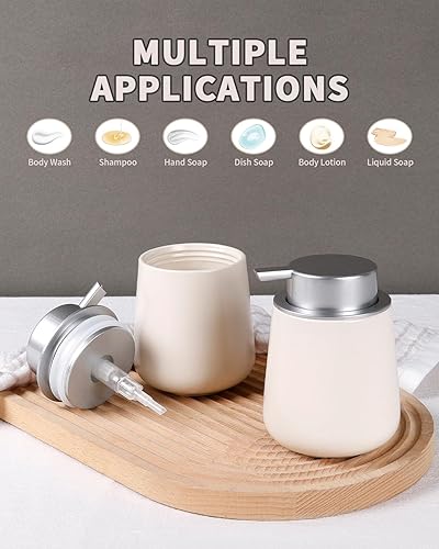 Miniatura 5 de BosilunLife Dispensador de jabón de manos  Dispensador de jabón de cerámica beige y gris de 12 onzas, dispensador de líquido recargable para jabón