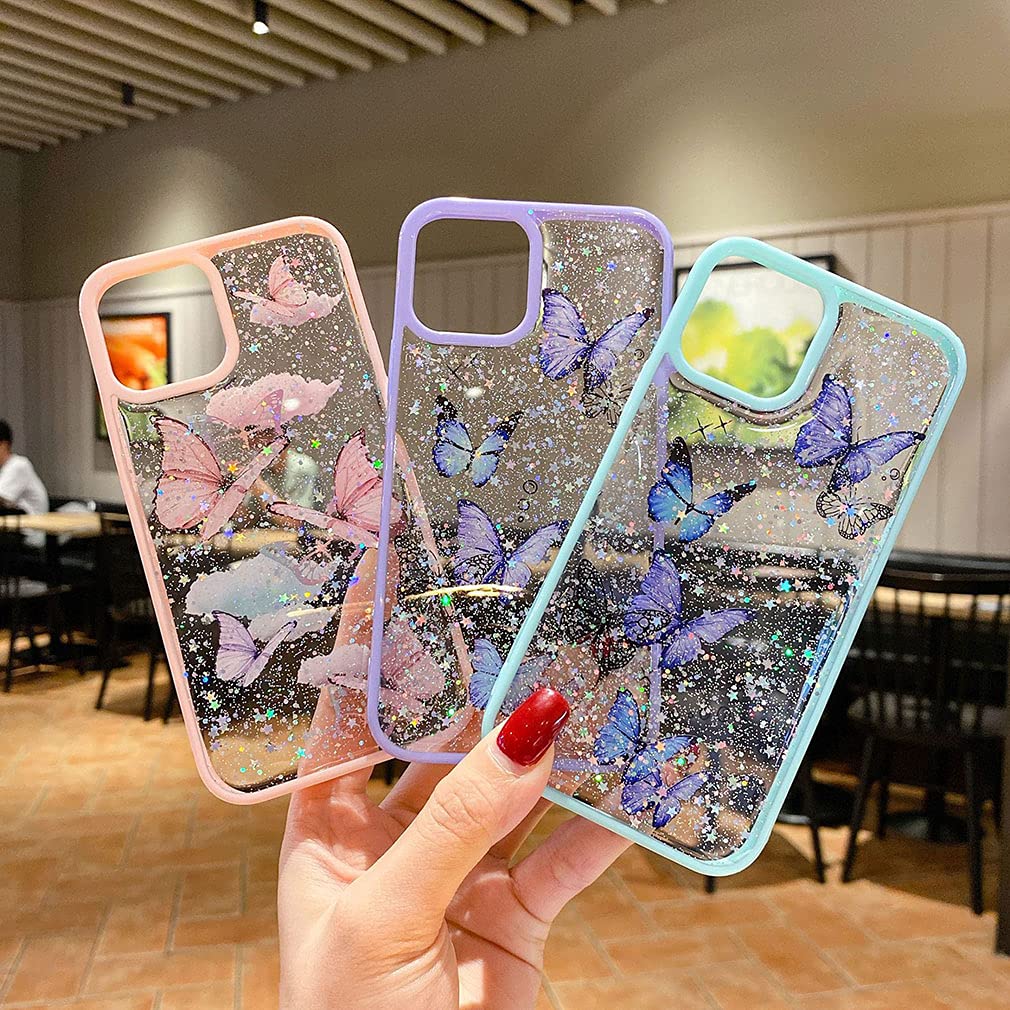 Custodia protettiva per Apple iPhone 13 Pro Max con motivo a farfalla e fiore, in pelle, con tasca per carte di credito, colore: blu
