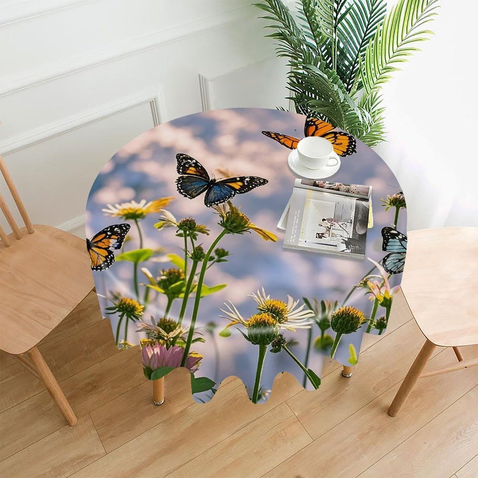 LZQPOEAS Flying Butterflies Tablecloth Decorative Round Table Cloth Wrinkle Resistant Round Tablecloth Washable Circle Table Cover for Kitchen Dining Party Wedding Camping 60 Inch