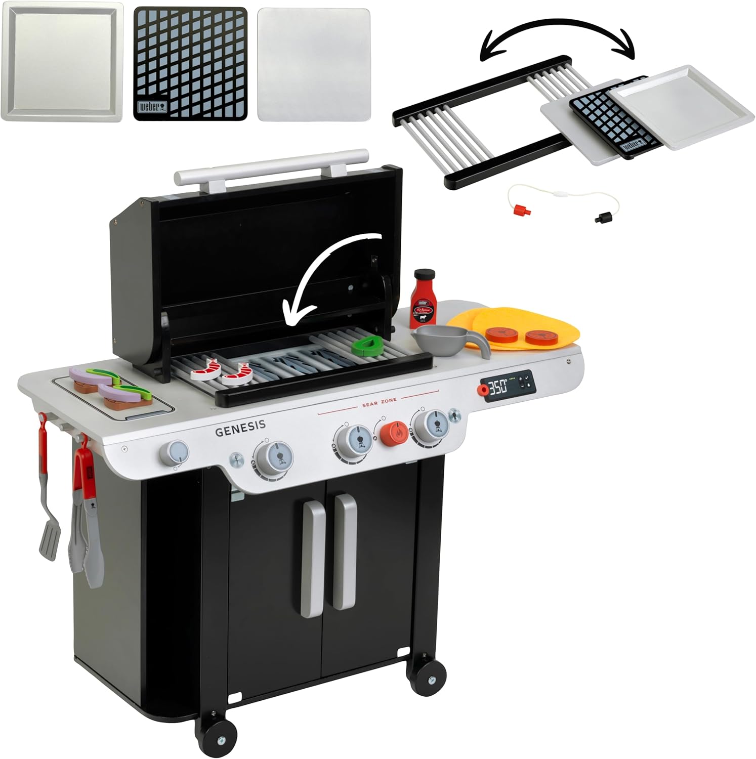 Theo Klein 9445 Weber Genesis Wooden Grill, Includes Inserts for Steak, Pizza or Vegetables, with Dummy Food and Barbecue Utensils, Toy for Children from 3 Years