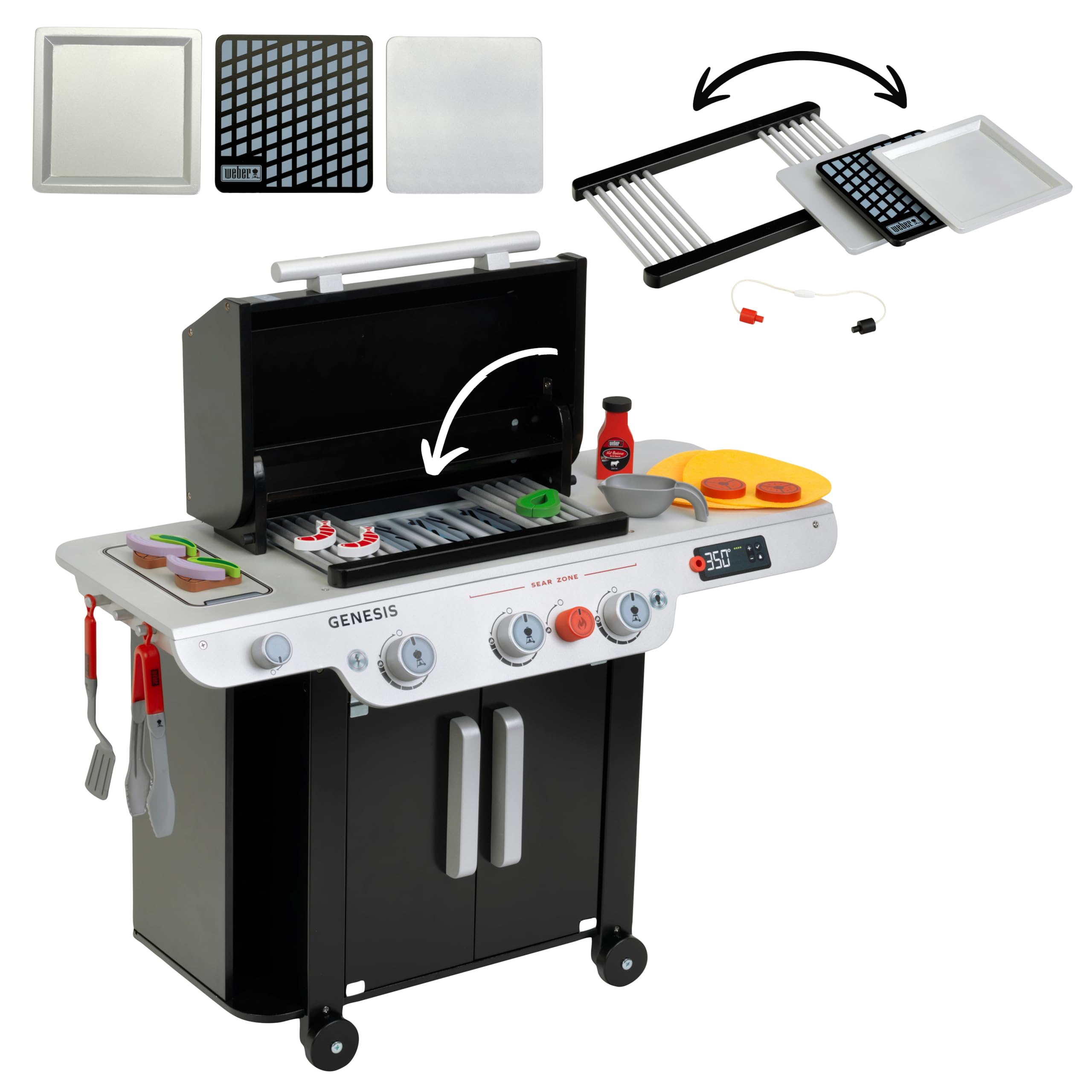 Theo Klein 9445 Weber Barbecue Genesis in legno I Inclusi inserti per bistecca, pizza o verdure I Con manici, utensili e posate da barbecue I Giocattolo per bambini dai 3 anni in su