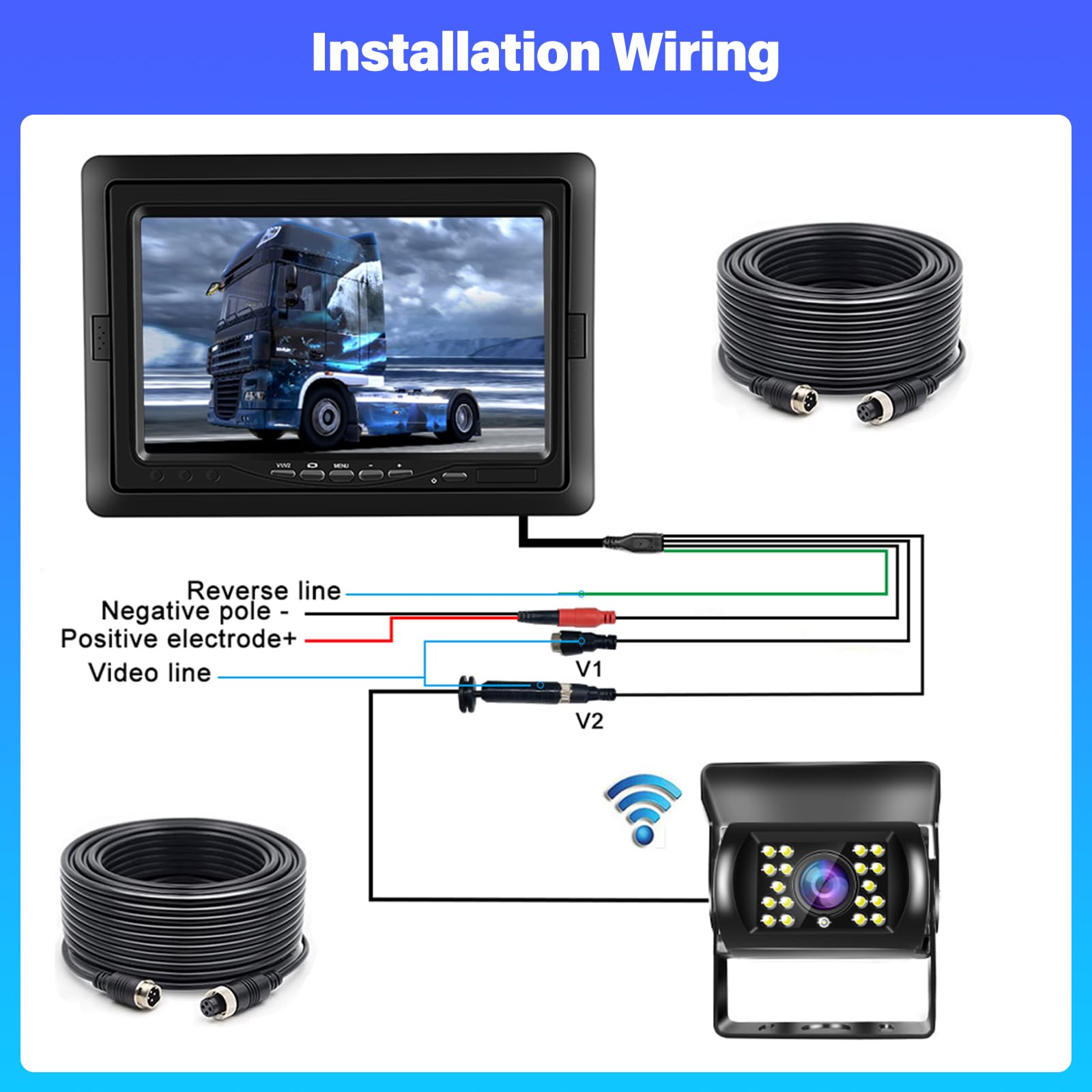 Monitor 7 Pulgadas con Camara Marcha Atras - Monitor de Coche con Soporte de cámara de Marcha atrás IP67 Impermeable 18IR visión Nocturna - 2 Cámaras retrovisoras+2 Cables para camión/autobús/Tractor