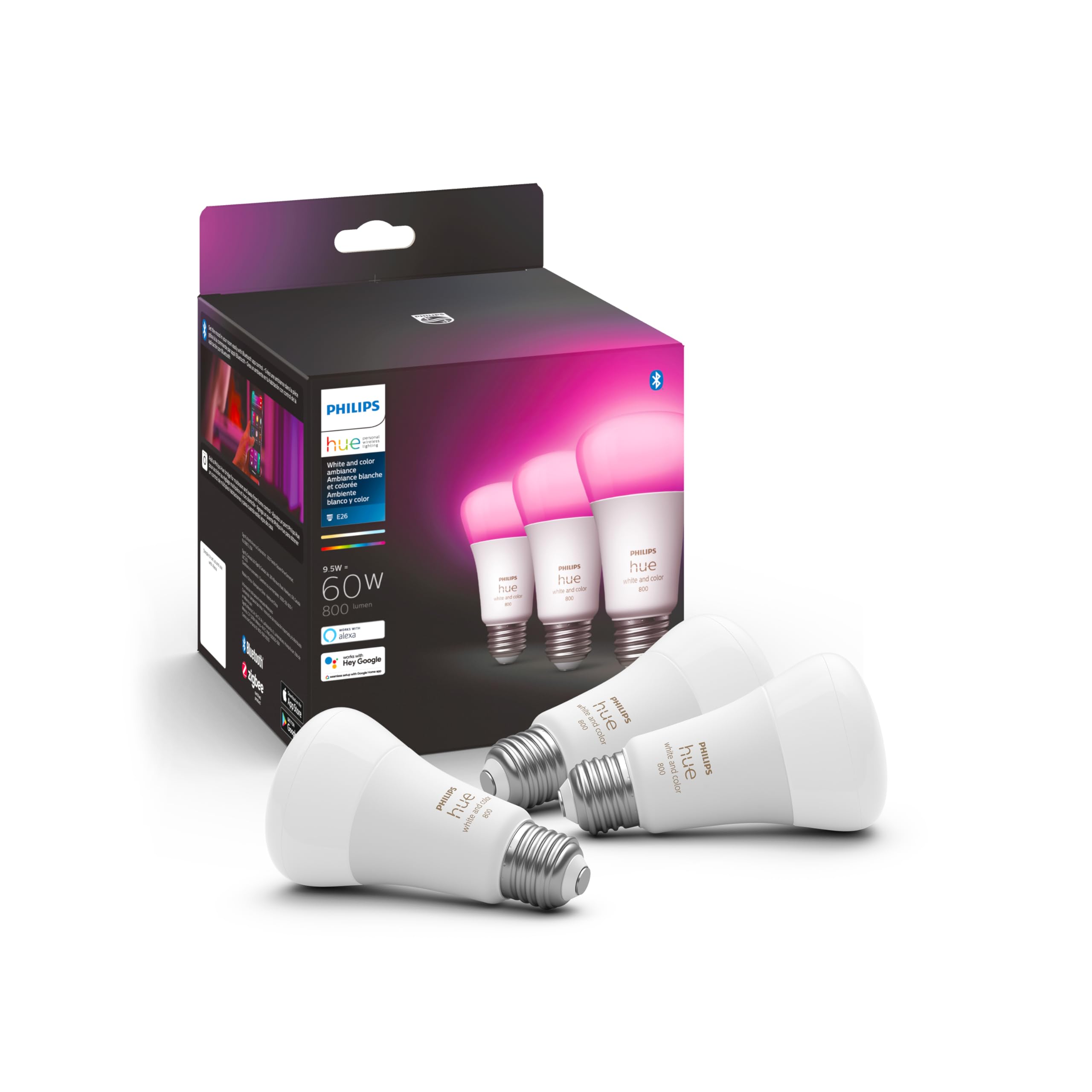 Philips Hue Smart Lighting Bundle: 3-Pack A19 LED Smart Light Bulbs (White and Color Ambiance) with Philips Hue Bridge - Control with Hue App, Compatible with Alexa, Google Assistant, Apple Homekit