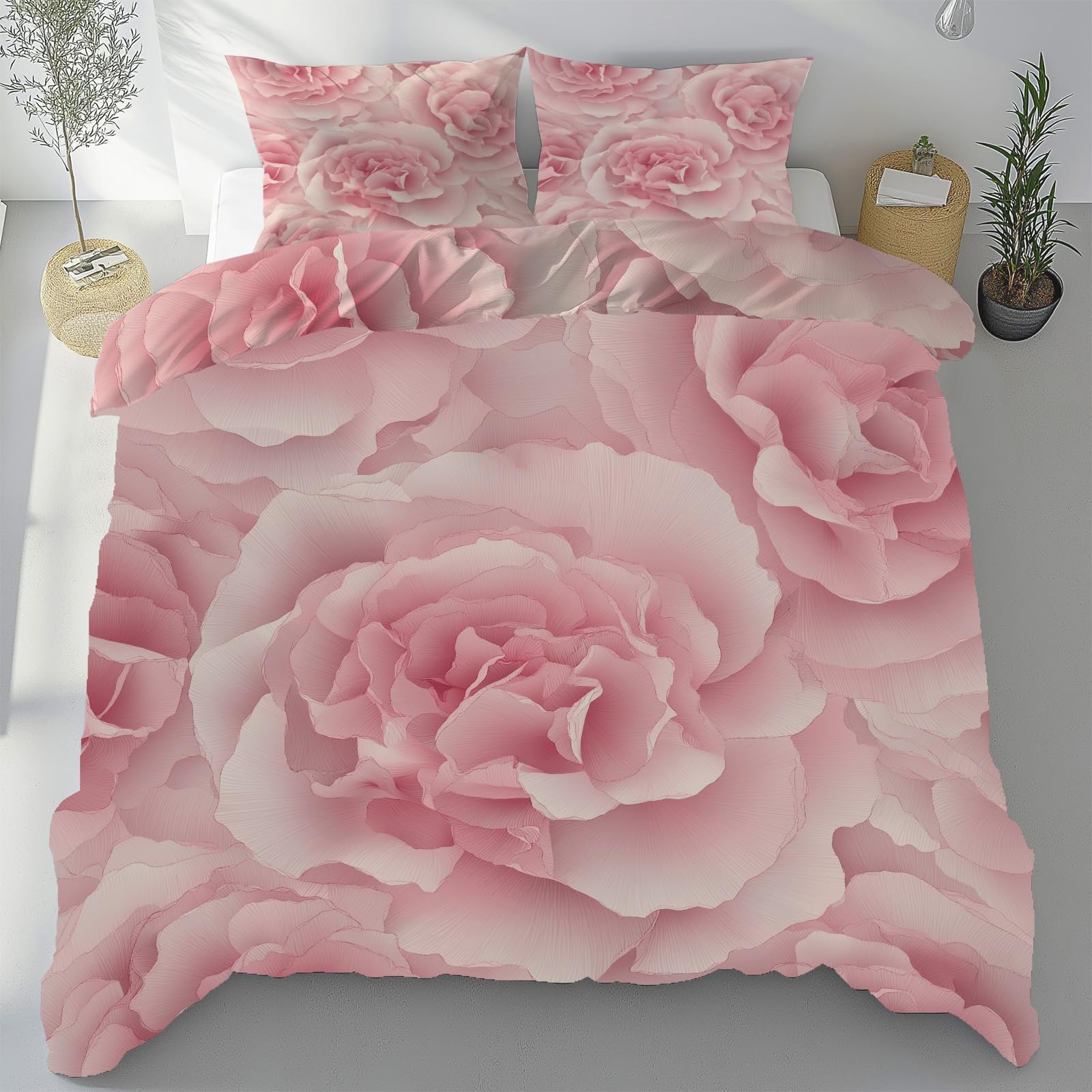 Housse de couette 240x260 motif floral pivoine doux avec parure de lit zippée