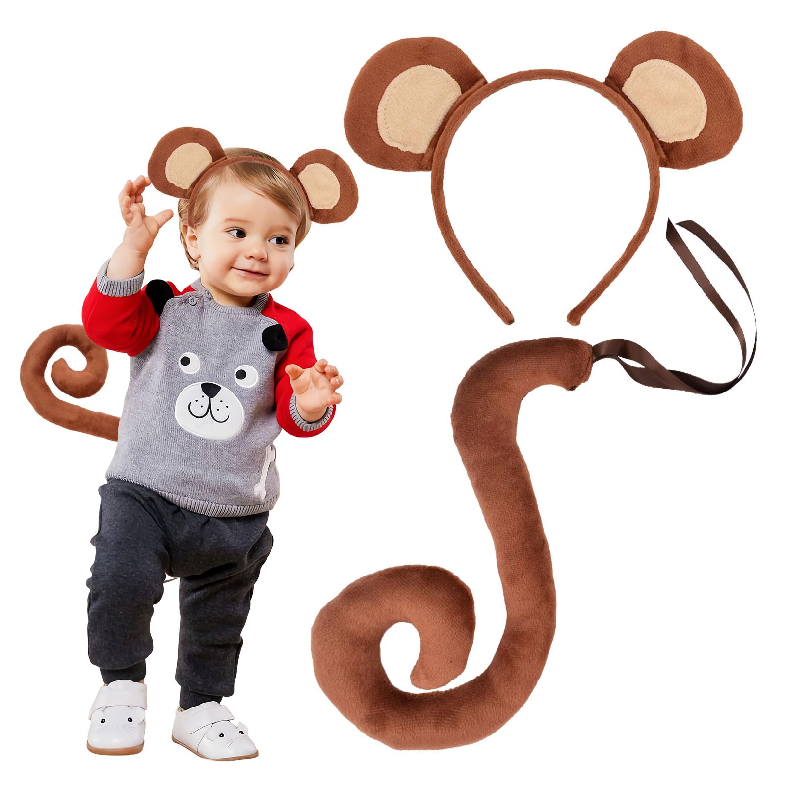 EUPSIIU 2 Piezas Diadema con Orejas de Mono Disfraz de Cola Mono Largo, Disfraz de mono Diadema con Orejas de Animal Disfraz para Adultos Niños Halloween Accesorios Carnaval Fiesta de Cosplay
