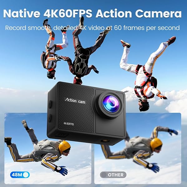 Touchscreen 4K60FPS Action Cam, 40M Fotocamera Subacquea con scheda SD da 64G, 48MP HD WiFi Videocamera con EIS, Zoom 8X, Telecamera Sportiva con 2 batterie da 1350 mAh, Telecomando 2.4G - 4