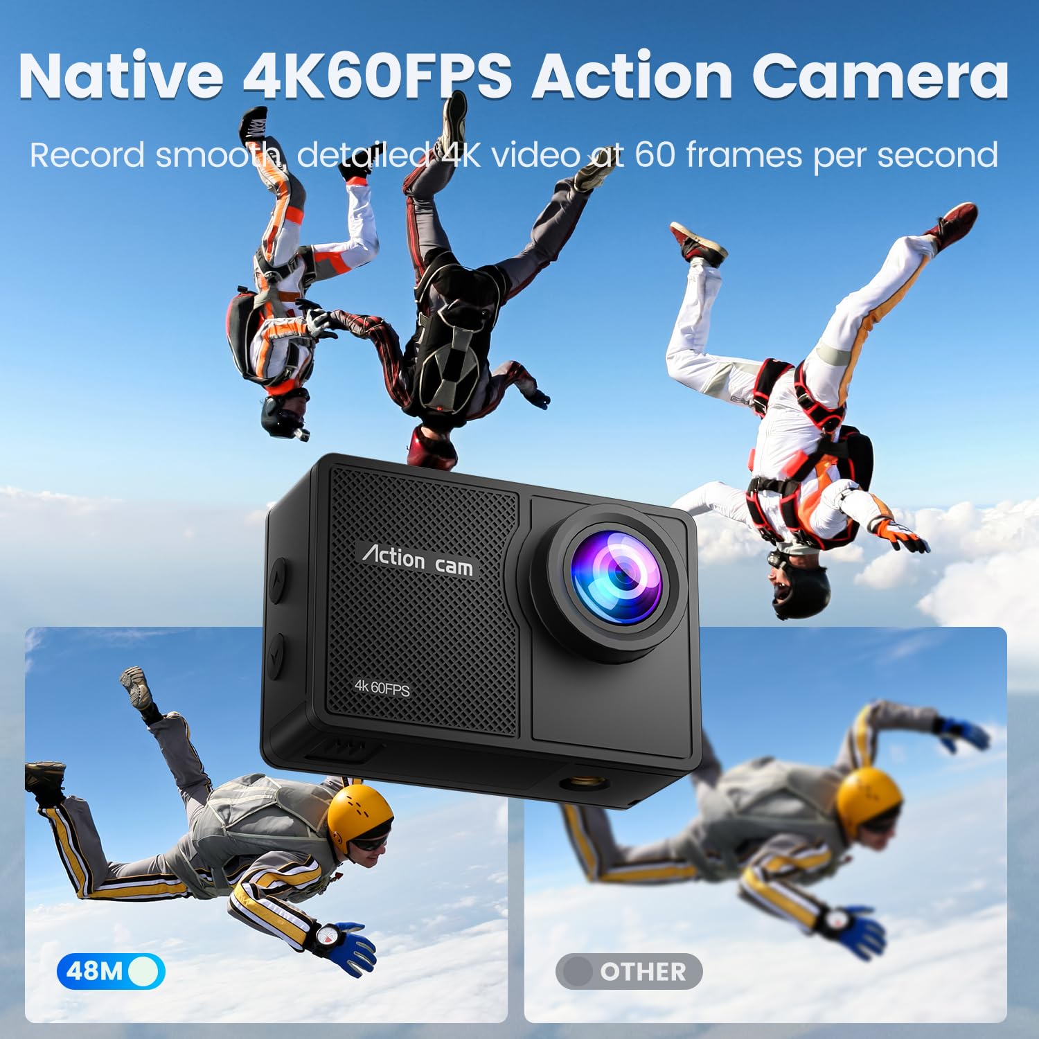 Touchscreen 4K60FPS Action Cam, 40M Fotocamera Subacquea con scheda SD da 64G, 48MP HD WiFi Videocamera con EIS, Zoom 8X, Telecamera Sportiva con 2 batterie da 1350 mAh, Telecomando 2.4G - 5
