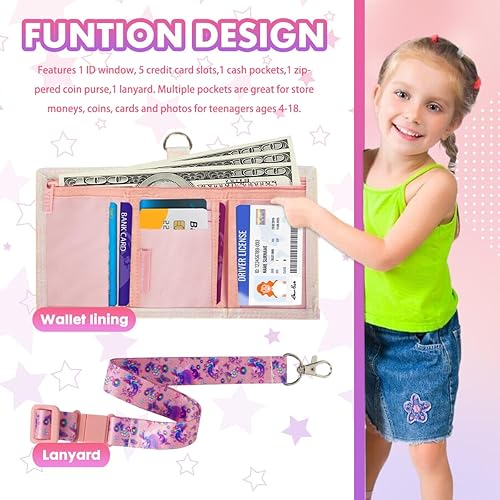 Miniatura 3 de Cartera infantil para niñas, temática de unicornio, de 5 a 12 años, triple pliegue, cierre de cremallera, 8 secciones, material de poliéster