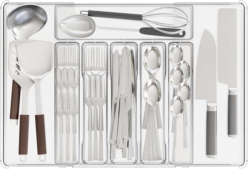 Organizador transparente expandible para cajones de cubiertos – Ajuste de 11 a 22 pulgadas – Organizador de cuchillos, cubiertos, cucharas y tenedores, cubiertos grandes de 8 rejillas, bandeja para cubiertos, organizador de utensilios para cajones de cocina