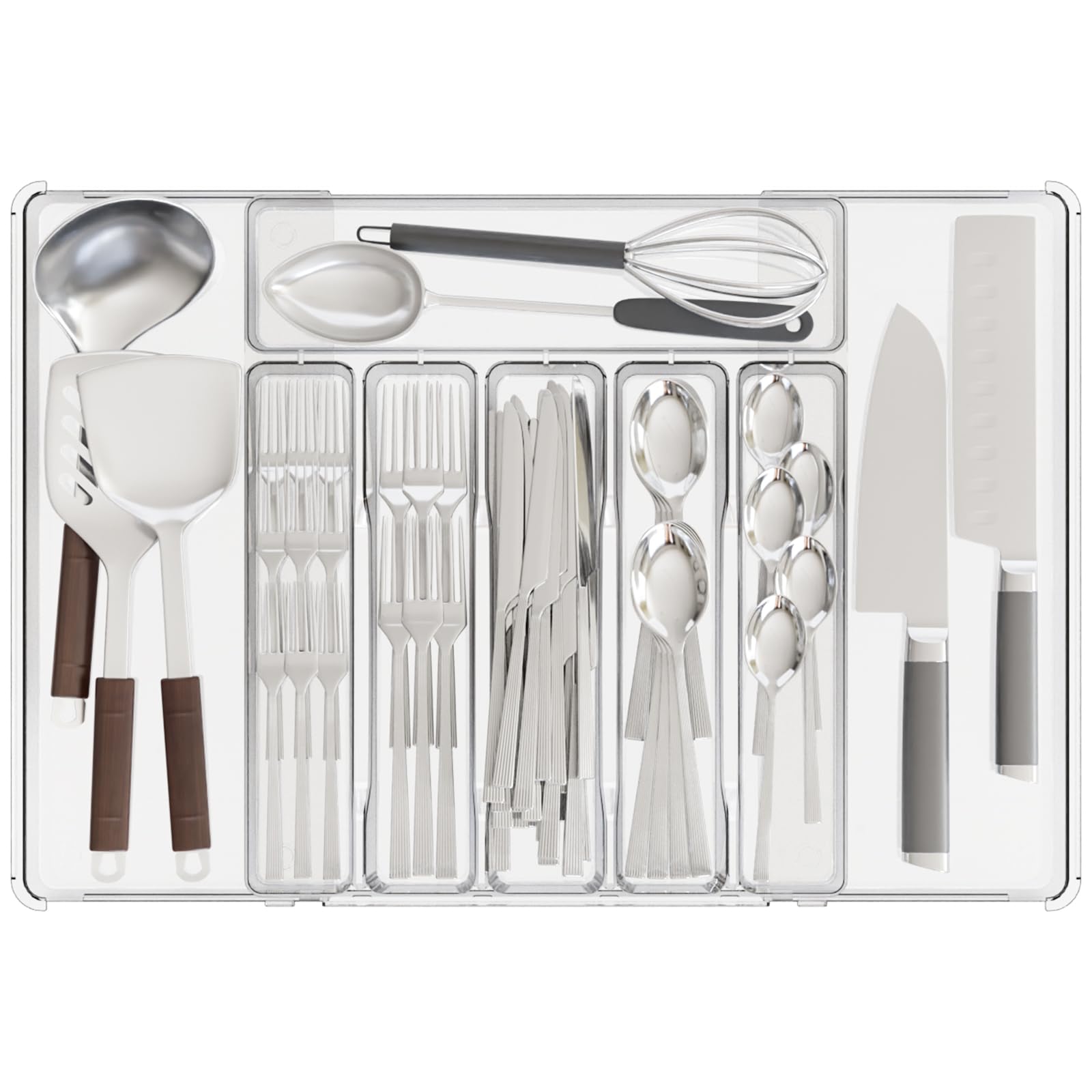 Yieach Clear Expandable Silverware Drawer Organizer - Adjust From 11'' to 22'' - Knife,Cutlery,Spoons and Forks Organizer,Large 8 Grid Flatware,Silverware Tray,Utensil Organizer for Kitchen Drawers
