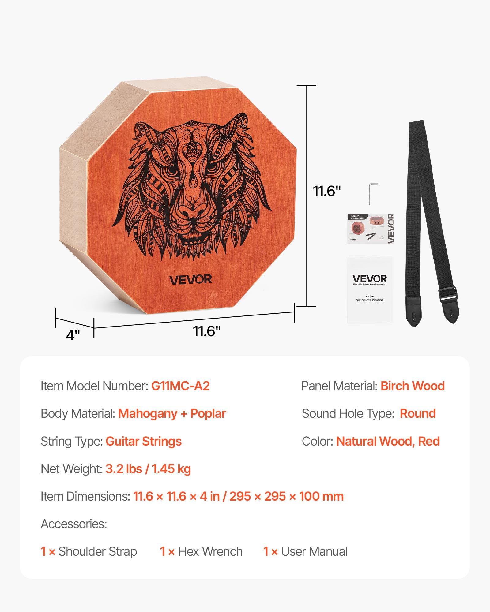 VEVOR Cajon Box Drum Unico, Con Corde per Chitarra Interne, Scatola di Percussioni in Legno Portatile, Strumento Musicale Portatile in Legno di Betulla con Tracolla Regolabile, 295 x 295 x 100 mm