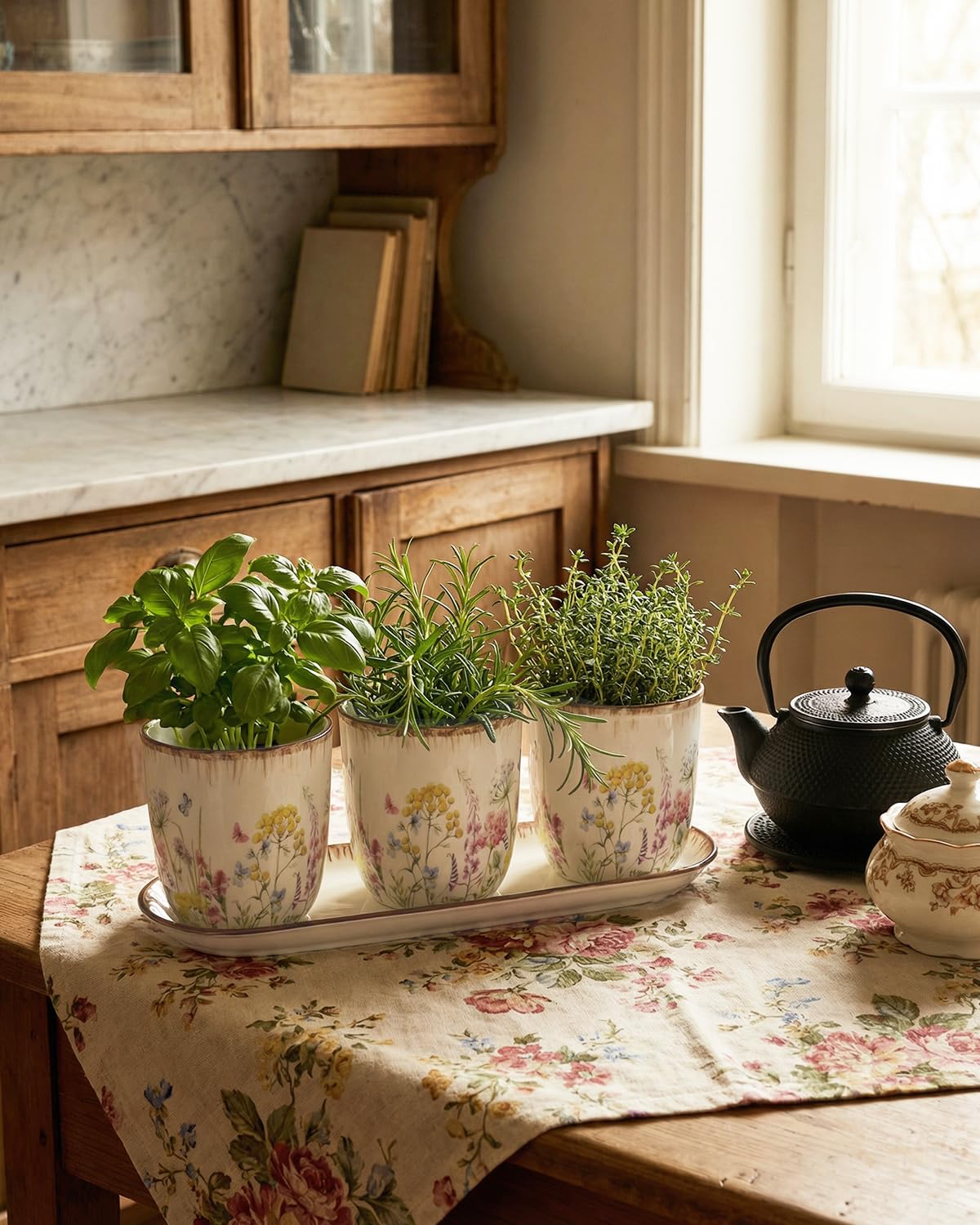 Keramik Pflanzgefäß Set mit Tablett - 3 Kleine Blumentöpfe mit Drainage, Dekorative Blumenkräuter Pflanzgefäße für Küche Fensterbank, Indoor Sukkulenten Töpfe für Pflanzen, Keramiktöpfe mit langem