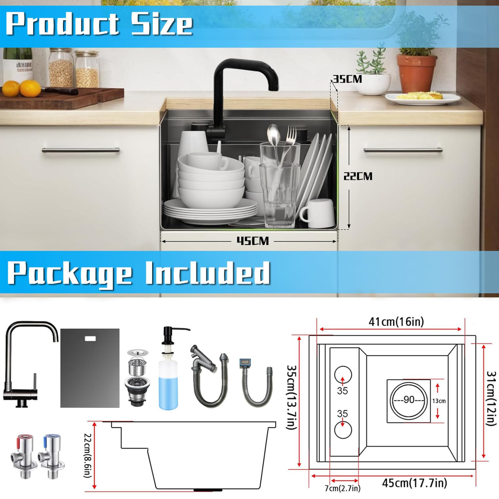 Nascosto Lavandino Bar Cucina con Rubinetto Pieghevole, Lavandino Bar a Vasca Singola Sottopiano in Acciaio Inossidabile Nascosto per Piccole Cucine Bar RV (Black, 35x45x22CM)