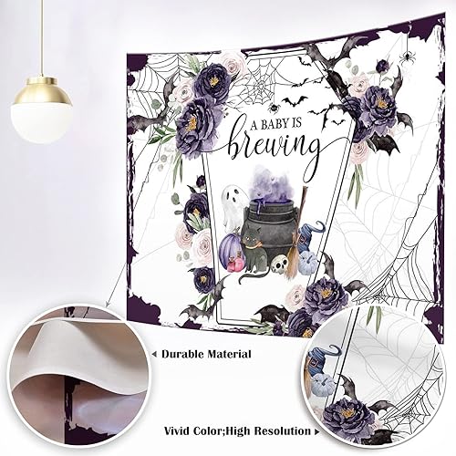 Miniatura 3 de Mocsicka Telón de fondo de Halloween para baby shower con texto en inglés "A Baby is Brewing Baby Shower Party Decoartion Ataúd Ataúd Vampiro