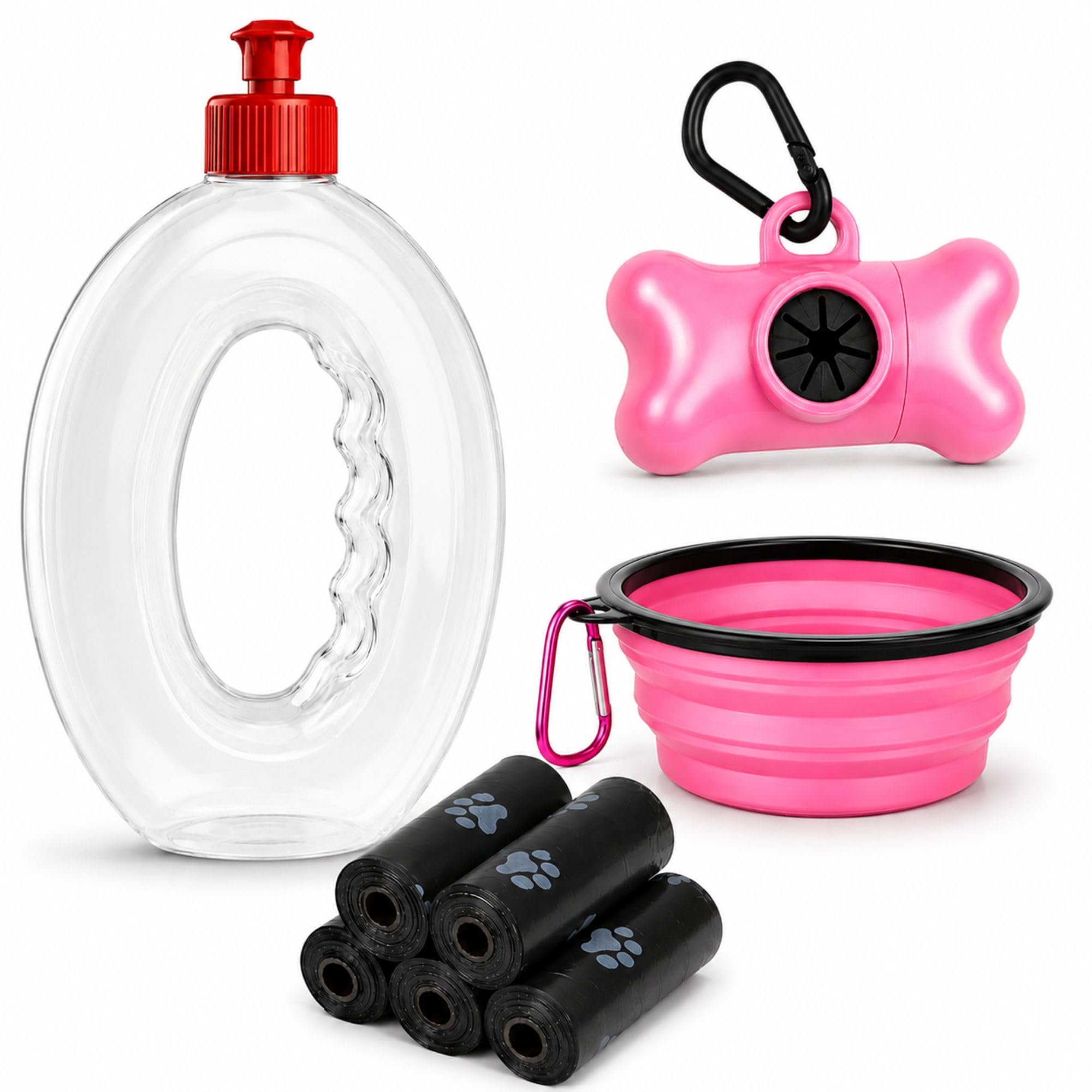 Botella Pipí Perros 500 ml | Botella Higienizante para Limpiar Orina de Perro | 3 en 1 con Bebedero Plegable y Dispensador de Bolsas | 75 Bolsas Incluidas (Rosa)