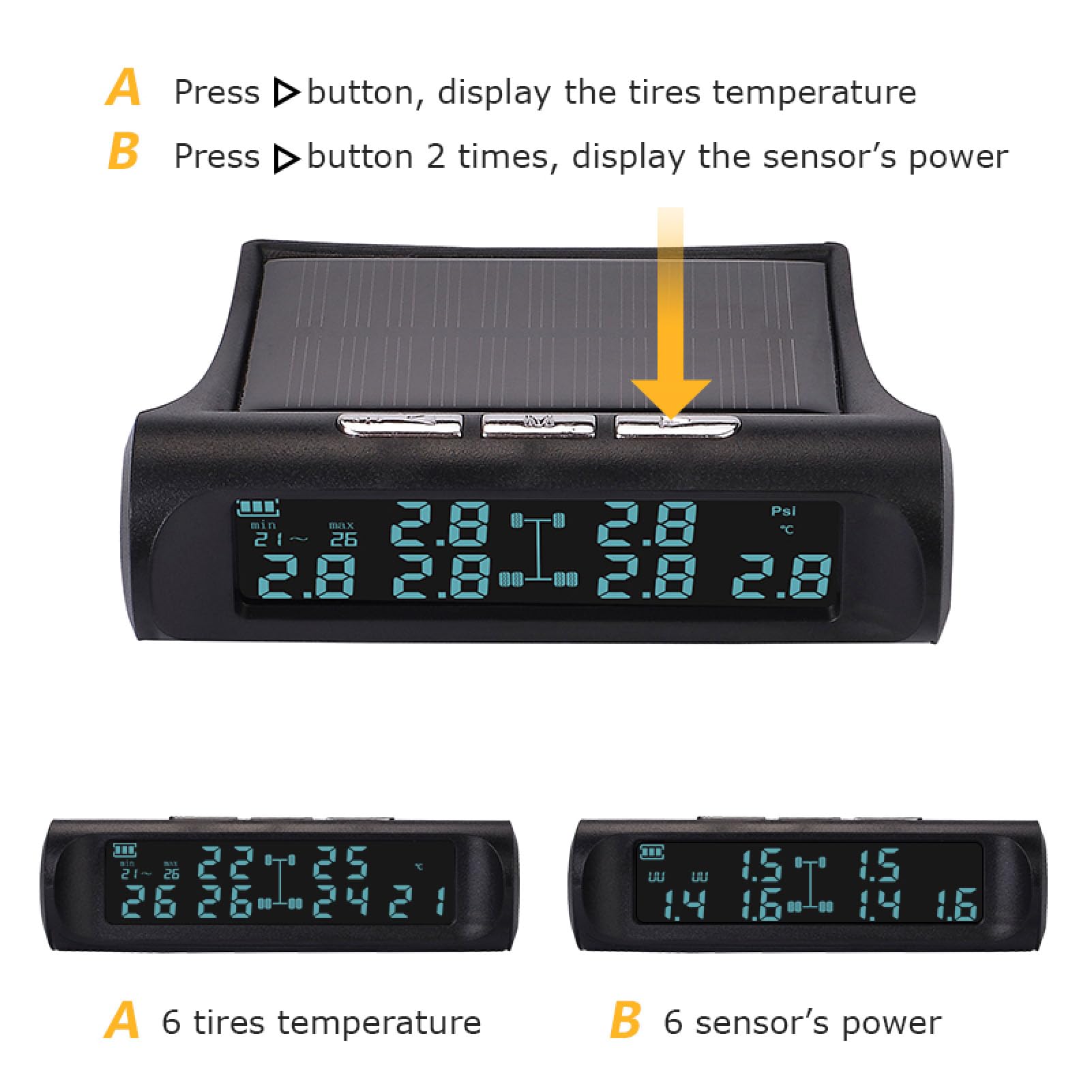 de Monitoreo de Presión de Neumáticos con 6 Sensores TPMS Externos, Pantalla LCD, Alarma de Presión Excesiva y Temperatura, Monitor Impermeable para RV, Remolque, Furgoneta