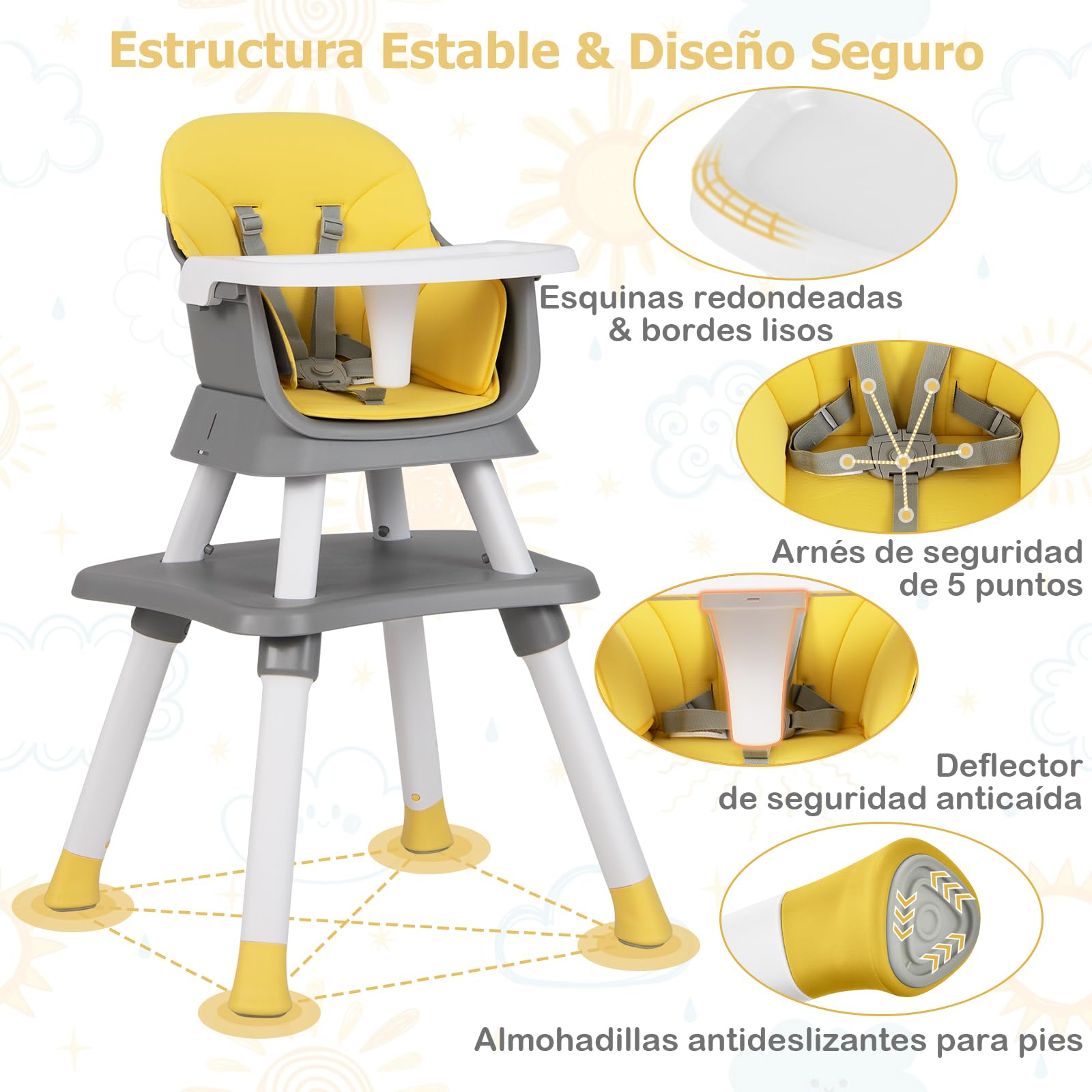 COSTWAY Silla Alta Bebés, Trona Evolutiva Portátil, Silla de Alimentación 5 Puntos, Bandeja y Cojín Desmontables (Amarillo)