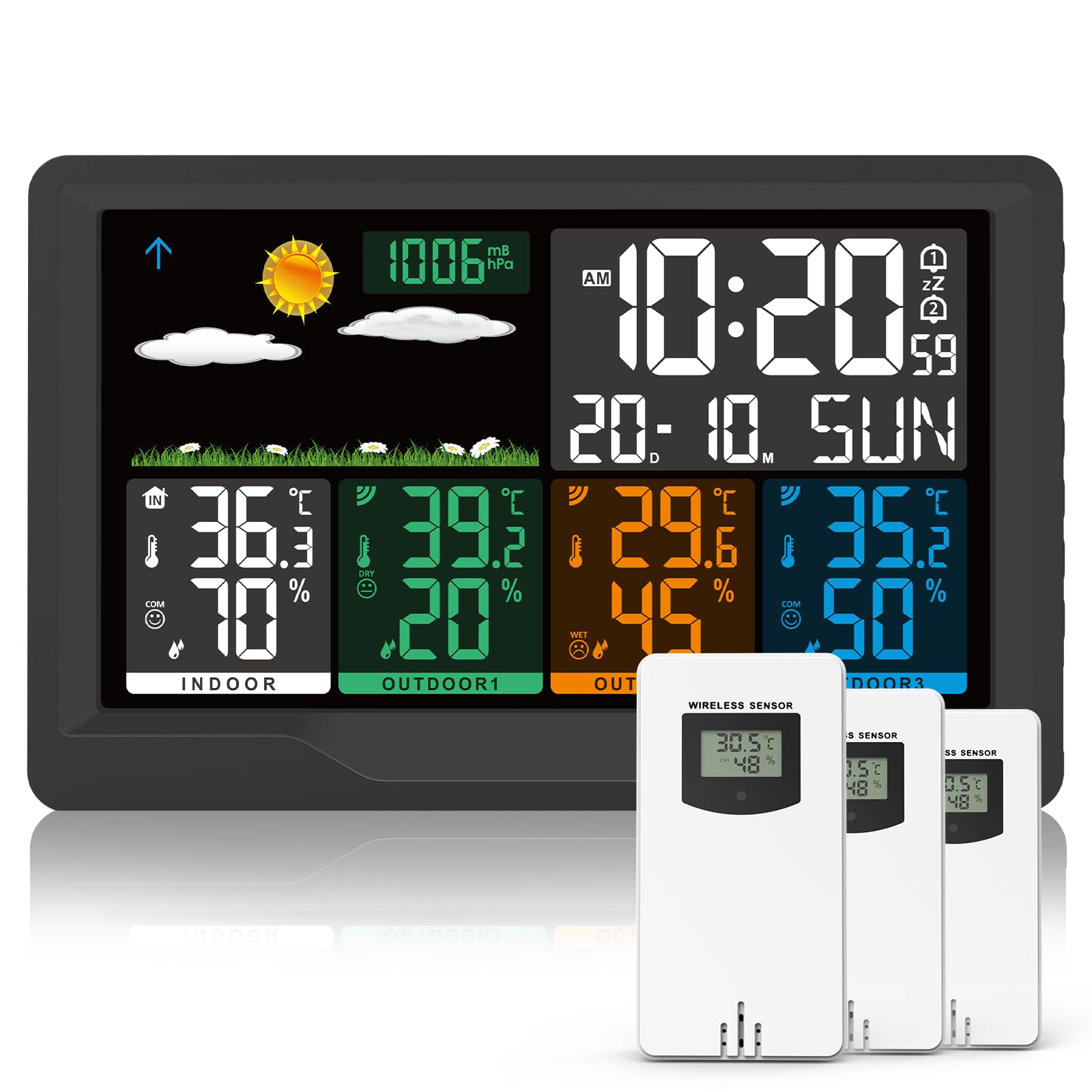 Weather Station Wireless with 3 Sensors UK, Digital Large LCD Colorful Screen Thermometer, Weather Station with Weather Forecast, Temperature, Humidity, Alarm Clock for Indoor Outdoor Baby Home Use
