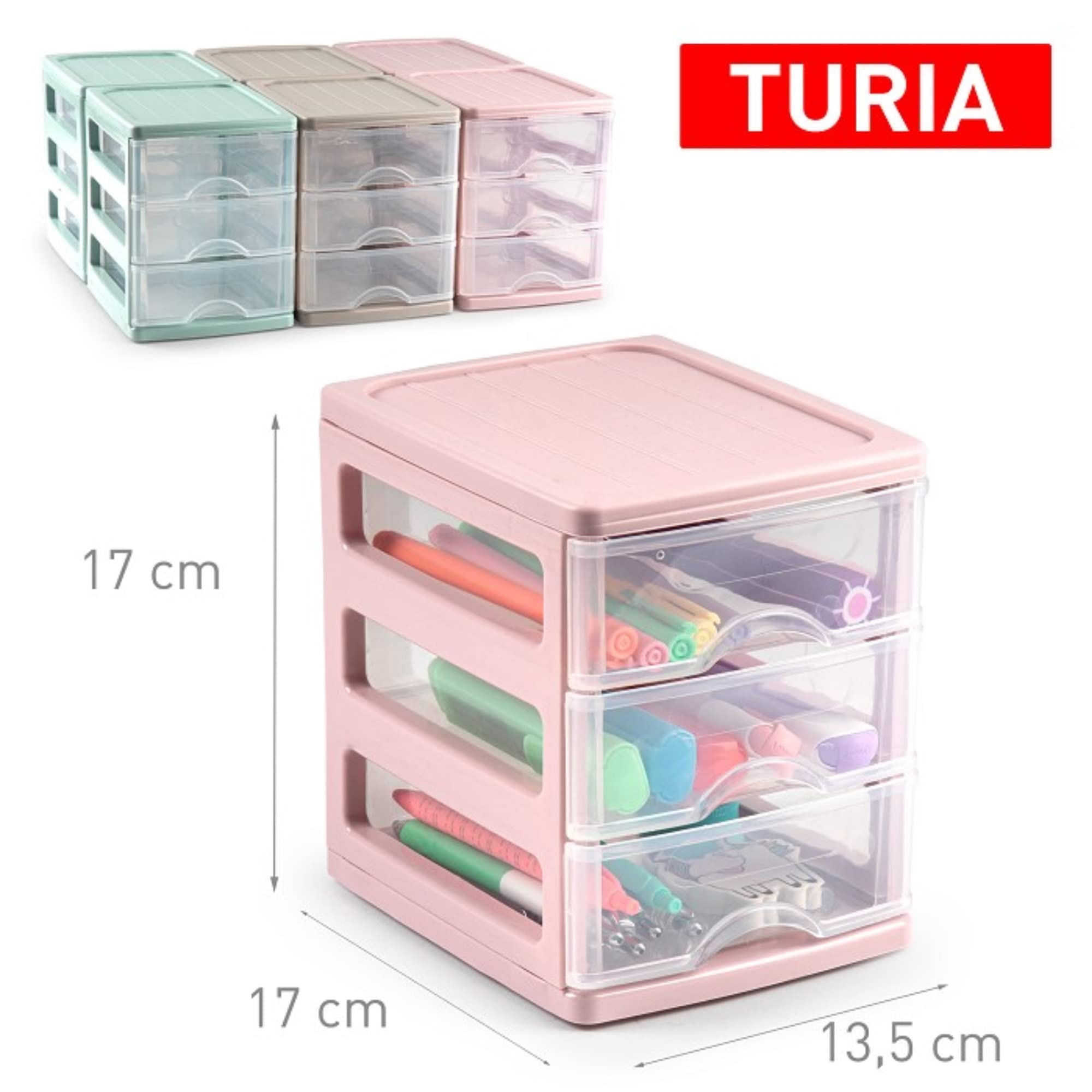 Plastic Desktop Storage Unit with Drawers, Stationary Arts Drawer Desktop Tabletop Organiser Storage Tower Unit for Office Bedroom Garage ((17 x 13.5 x 17cm, Pink with 3 Clear Drawers)) — view 7