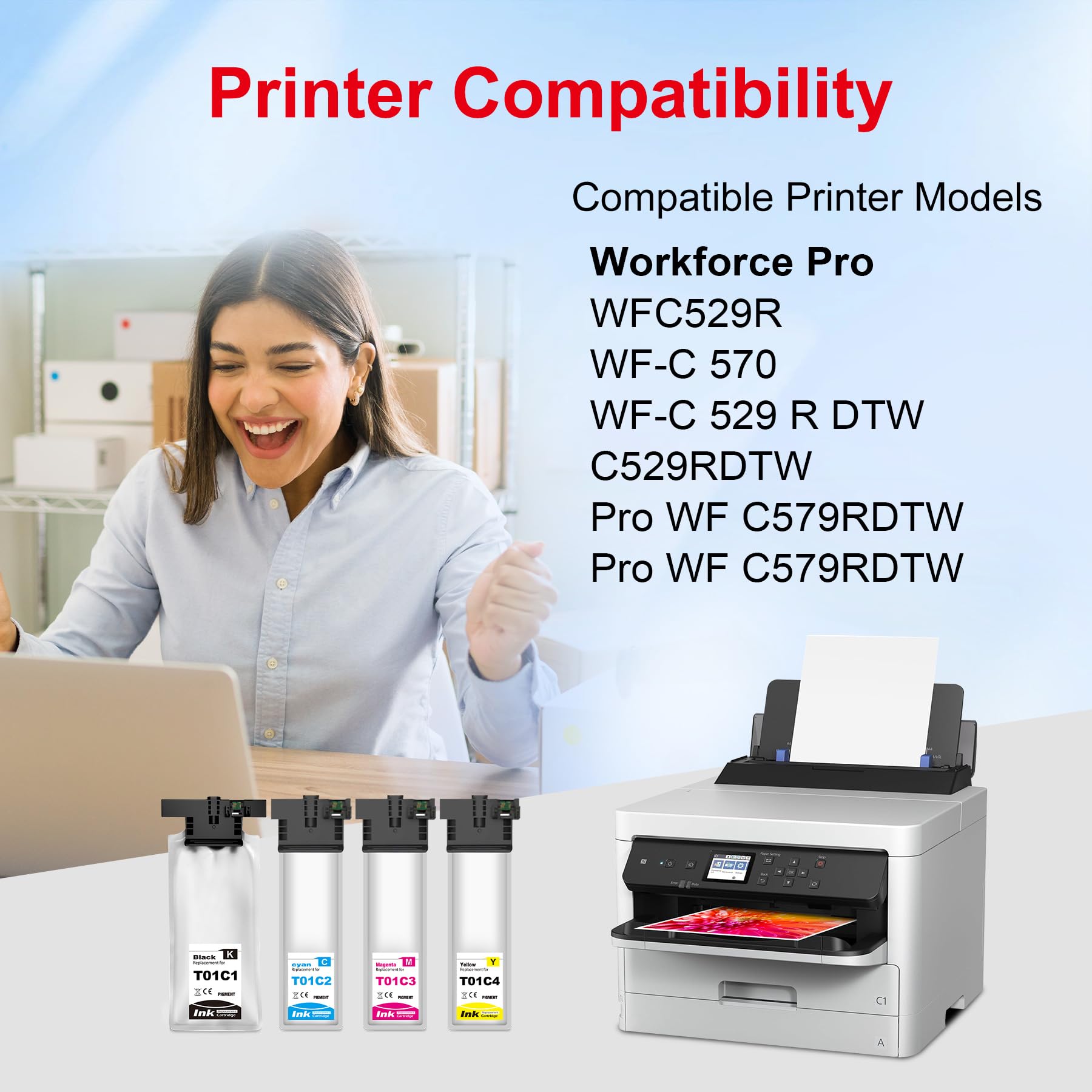 T01C T01C1 T01C2 T01C3 T01C4 Inchiostro compatibile per EPS C13T01C100 C13T01C200 C13T01C300 C13T01C400 per Workforce Pro WF-C529R WF-C579R WF-C579RC57DWF (4 pezzi, nero, ciano, magenta