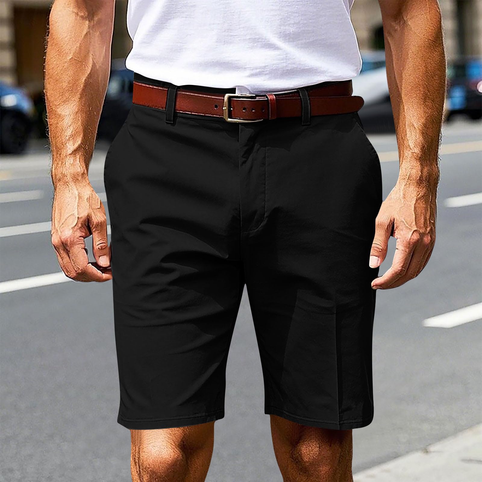 Pantaloncini da uomo con tasche, in cotone, casual, con bottoni e cerniera, con tasche multiple, elastico in vita regolabile, morbidi, traspiranti, leggeri, per passeggiate all'aperto, estivi, da uomo